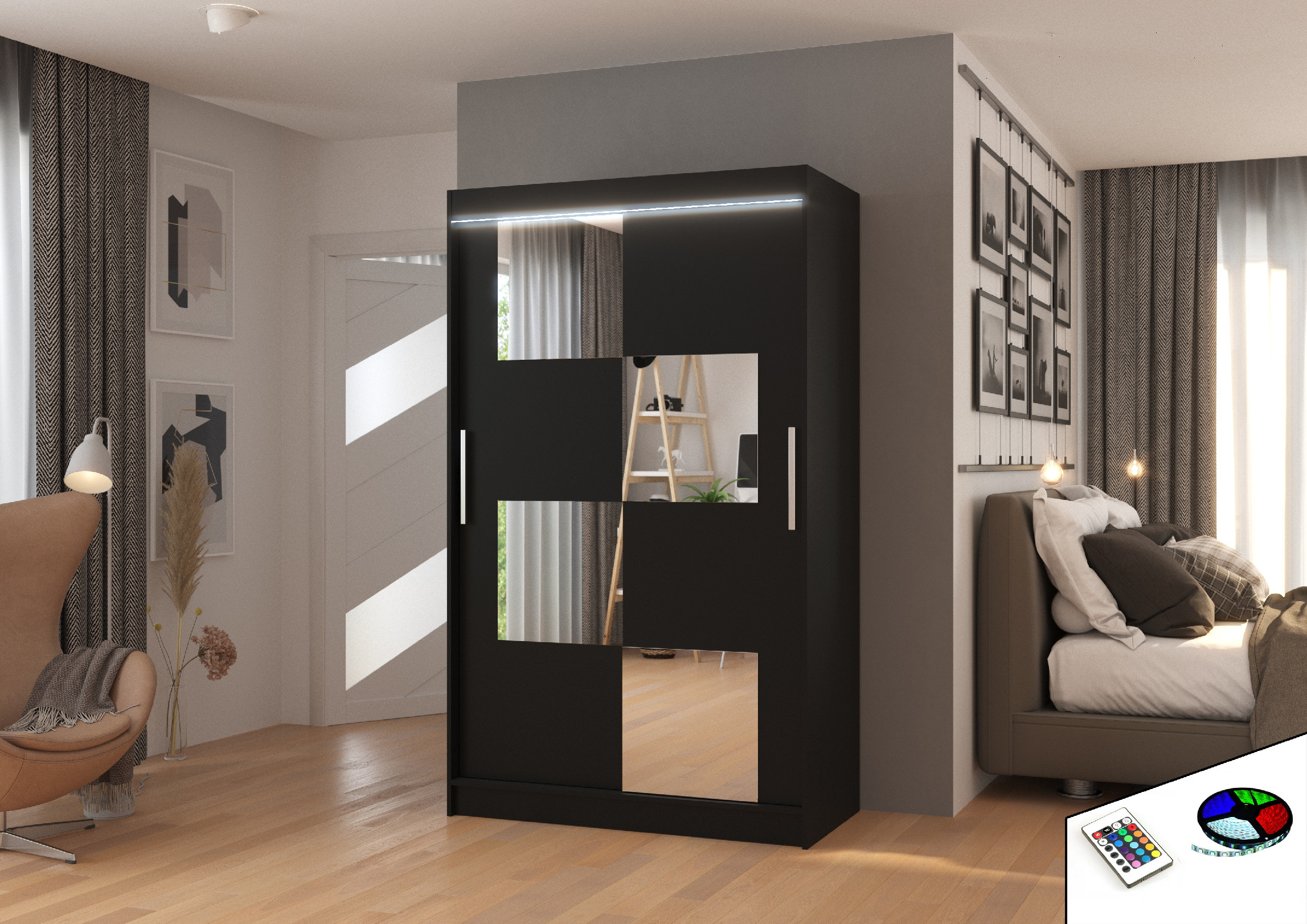ADRK Šatní zrcadlová skříň posuvná s LED osvětlením LUGANO B 120 L