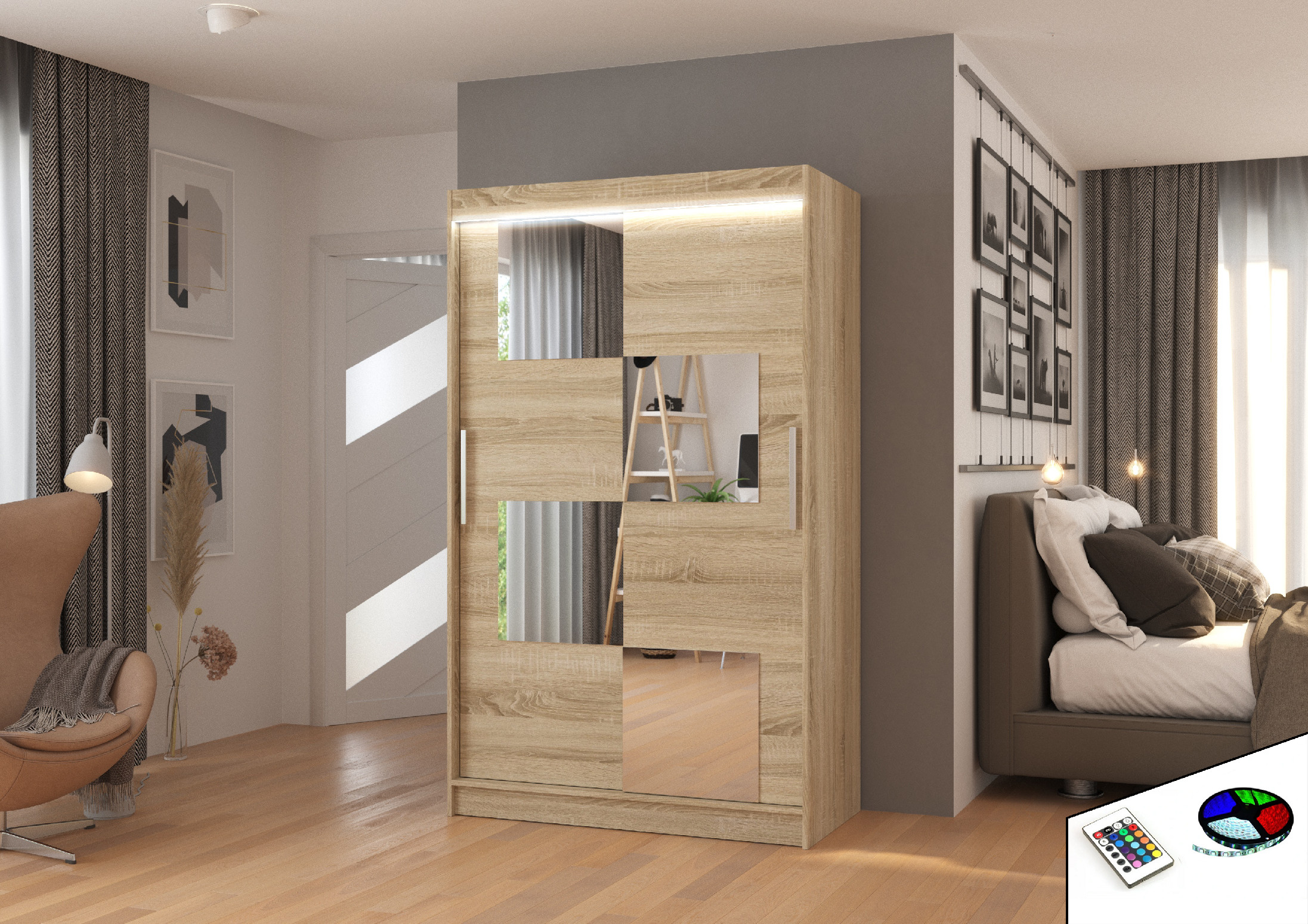 ADRK Šatní zrcadlová skříň posuvná s LED osvětlením LUGANO S 120 L