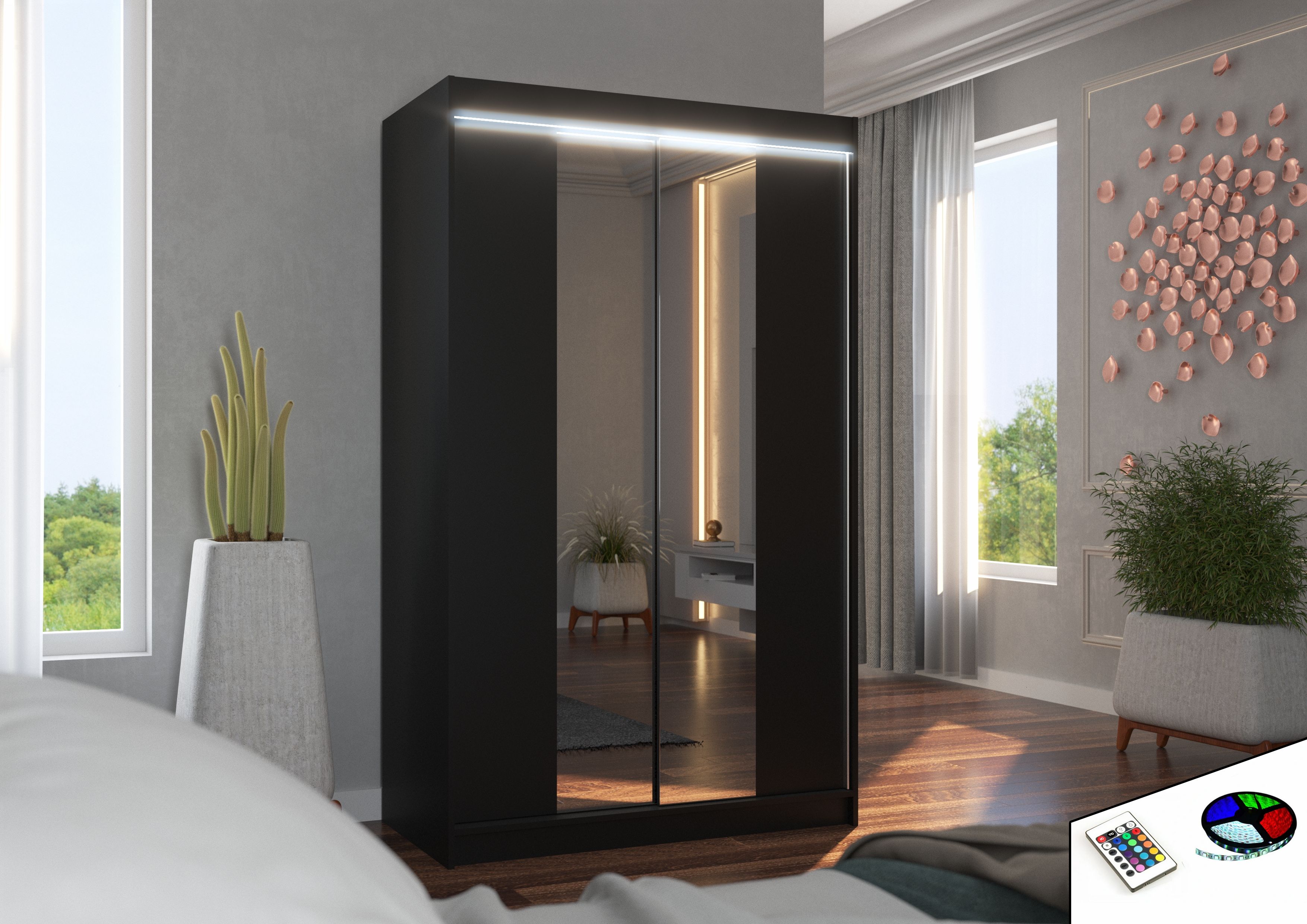 ADRK Šatní zrcadlová skříň posuvná s LED osvětlením MARVIN B 120 L