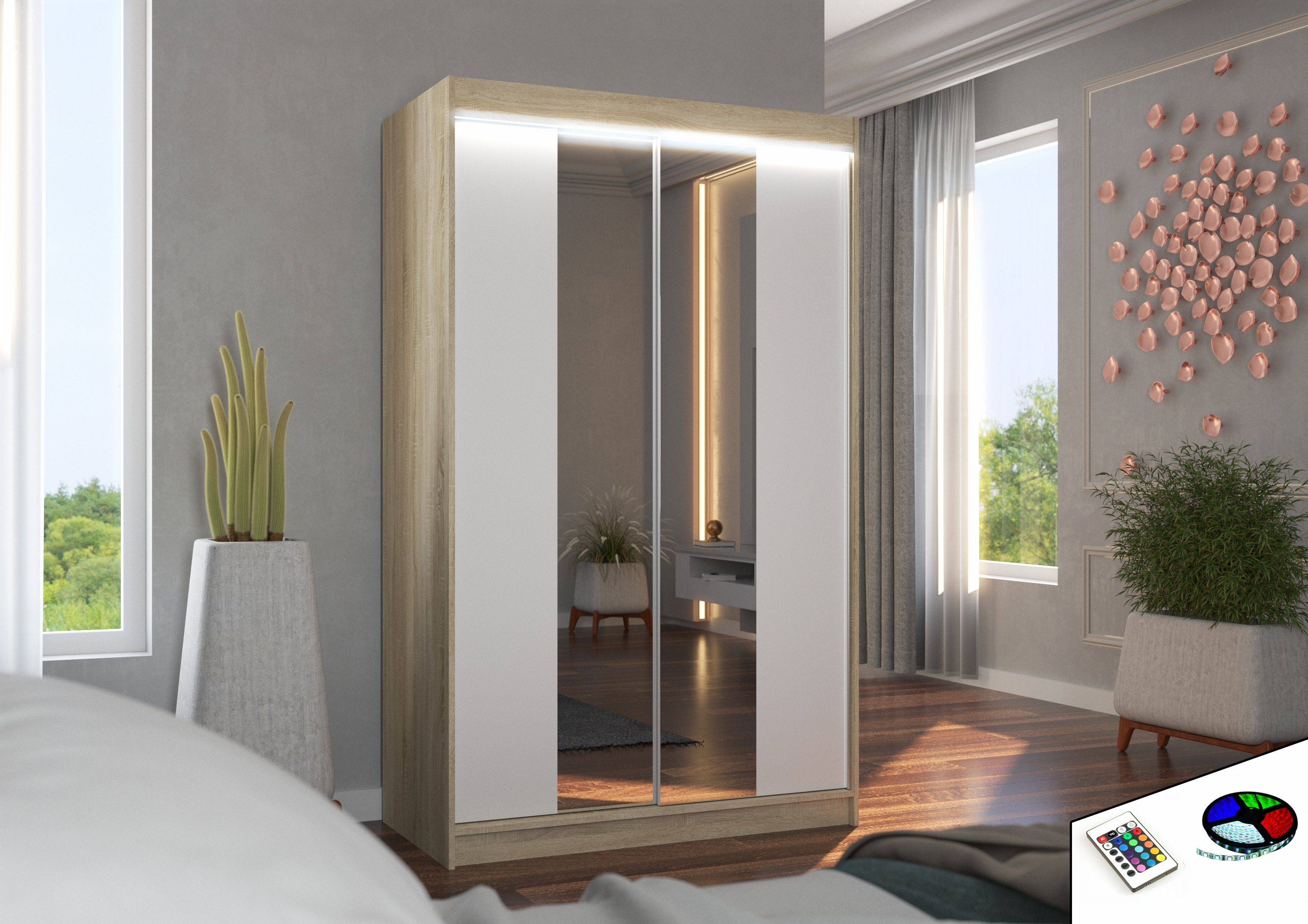 ADRK Šatní zrcadlová skříň posuvná s LED osvětlením MARVIN S-W 120 L