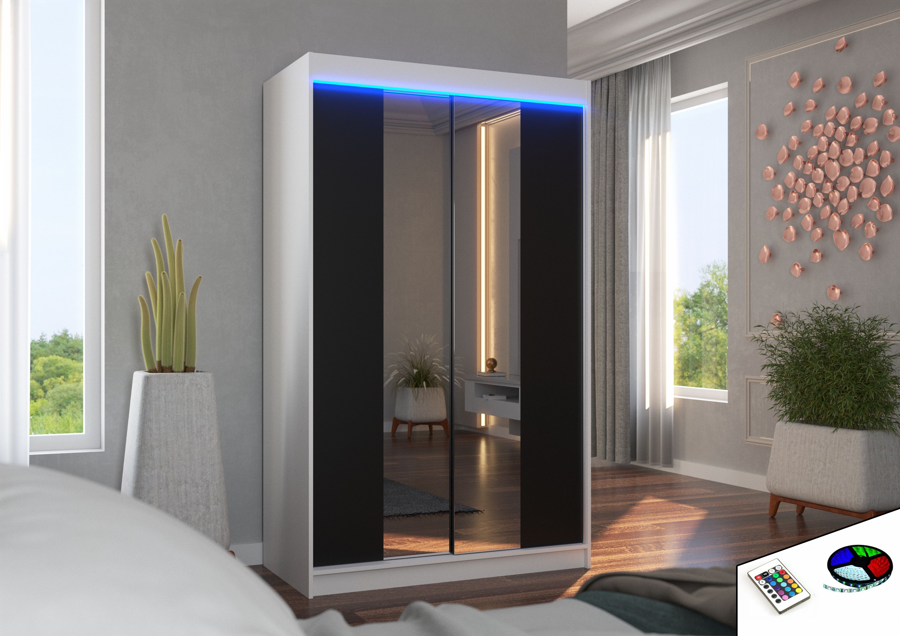 ADRK Šatní zrcadlová skříň posuvná s LED osvětlením MARVIN W-B 120 L