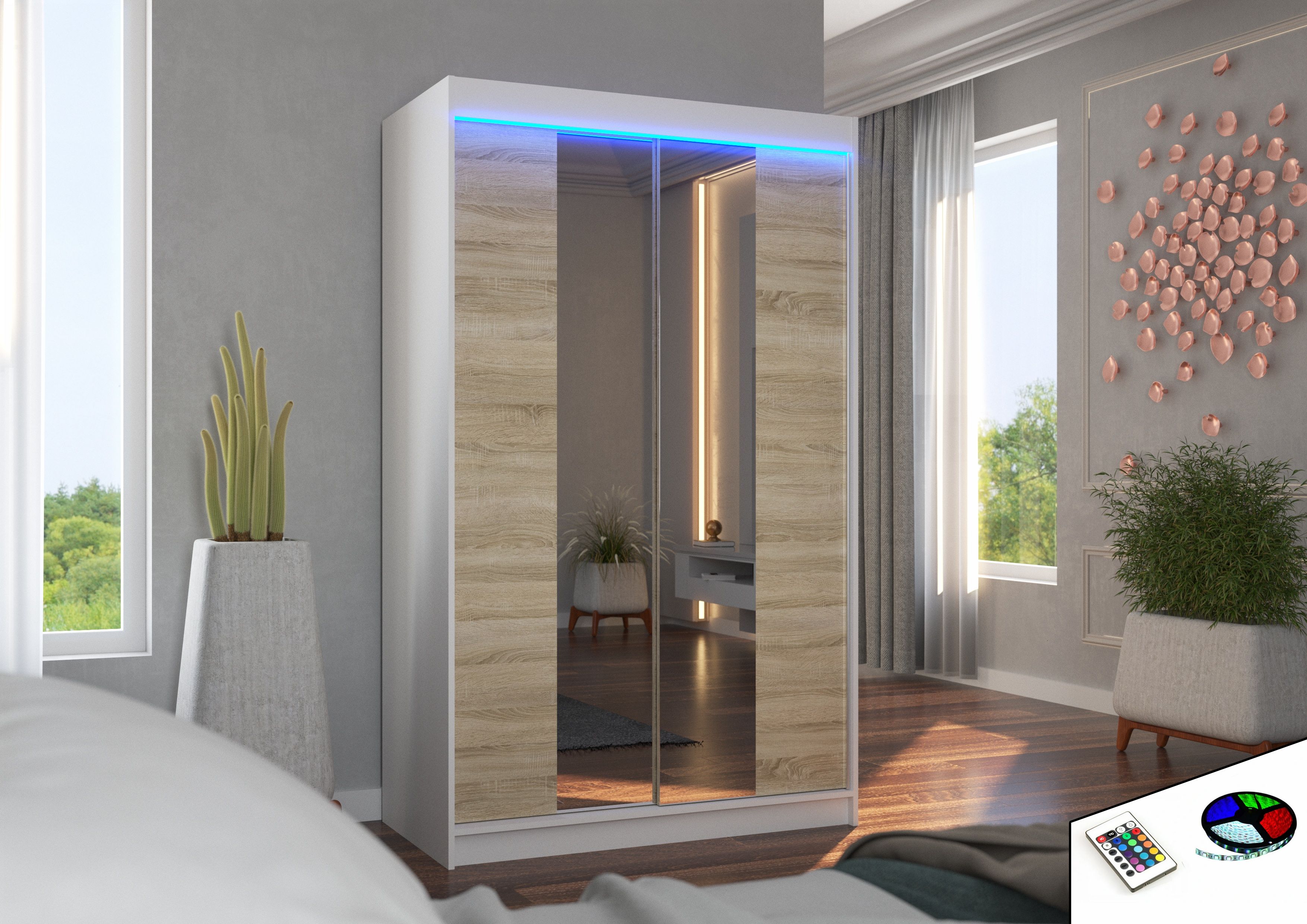 ADRK Šatní zrcadlová skříň posuvná s LED osvětlením MARVIN W-S 120 L