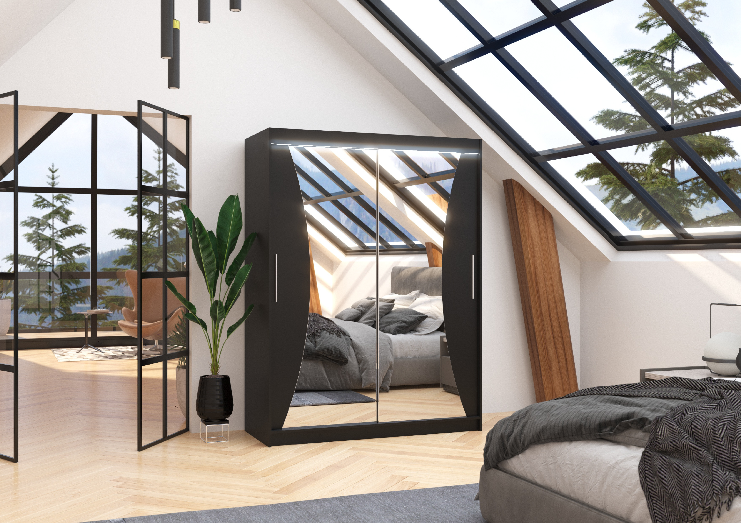 ADRK Šatní zrcadlová skříň posuvná s LED osvětlením MAX B 150 L