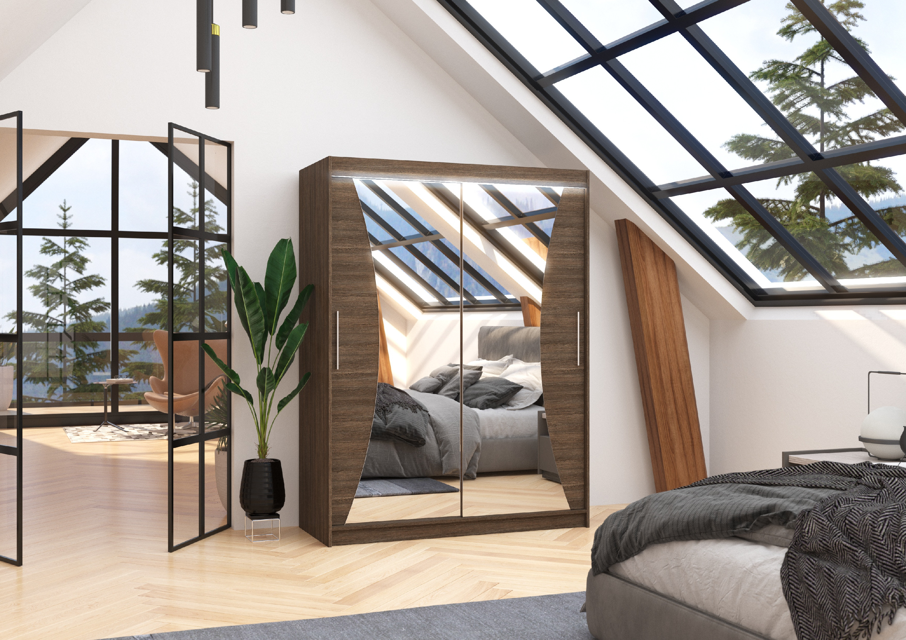 ADRK Šatní zrcadlová skříň posuvná s LED osvětlením MAX CH 150 L