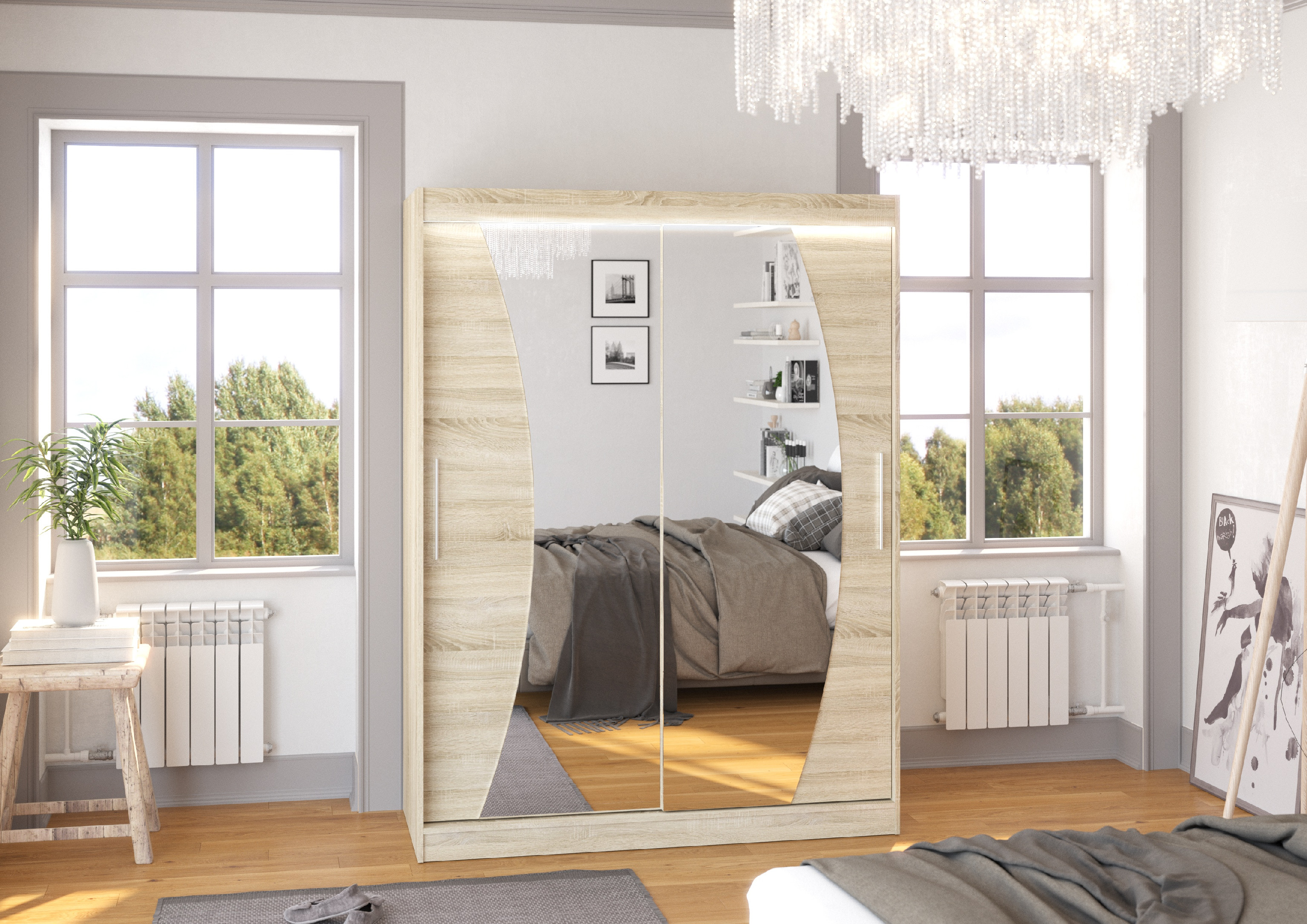 ADRK Šatní zrcadlová skříň posuvná s LED osvětlením MODESTO S 150 L