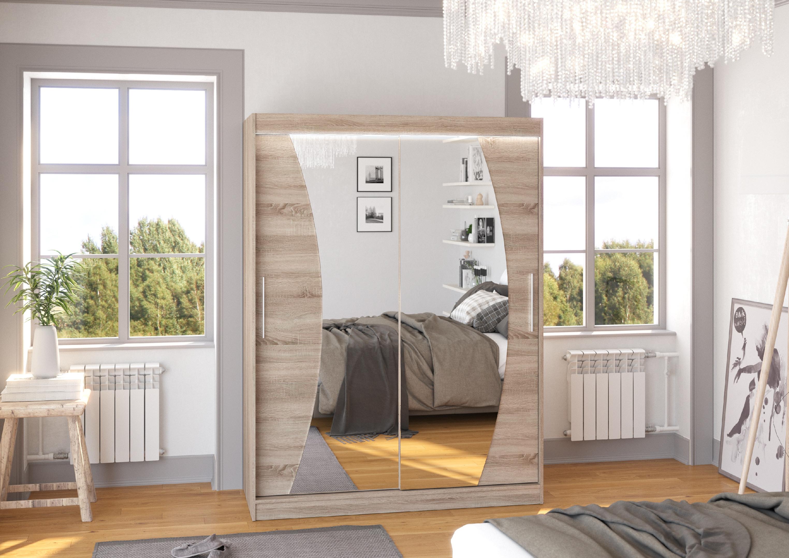 ADRK Šatní zrcadlová skříň posuvná s LED osvětlením MODESTO T 150 L