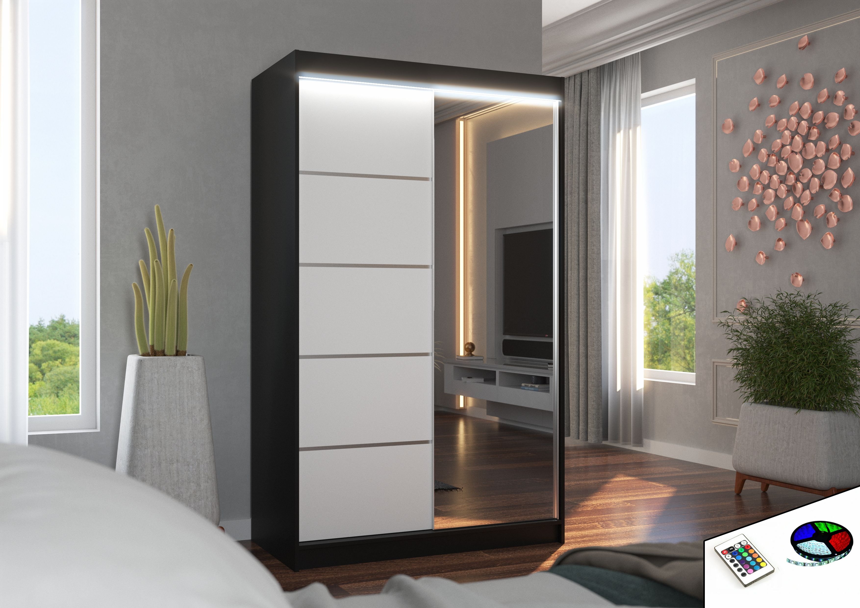 ADRK Šatní zrcadlová skříň posuvná s LED osvětlením NICEA B-W 120 L