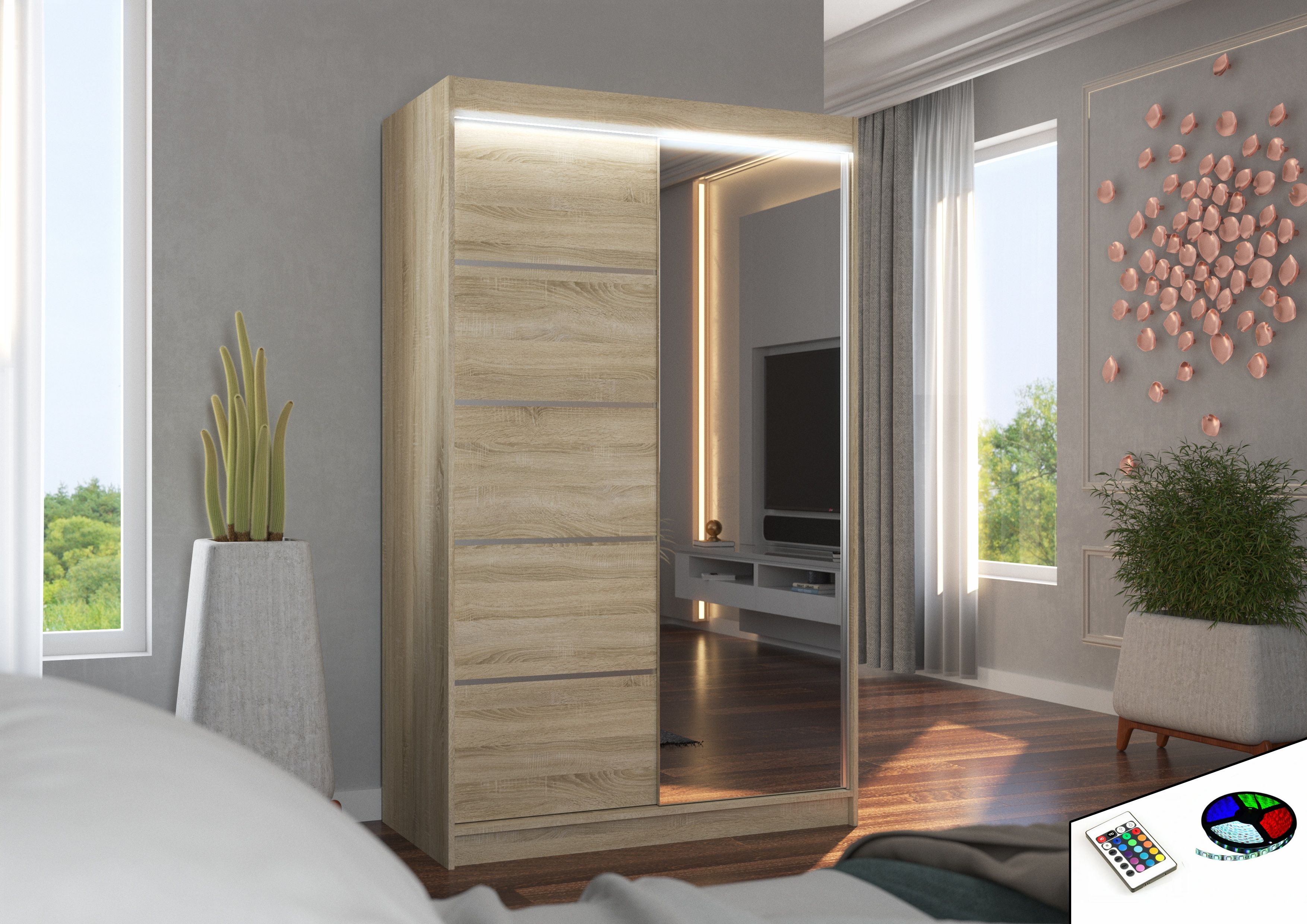 ADRK Šatní zrcadlová skříň posuvná s LED osvětlením NICEA S 120 L