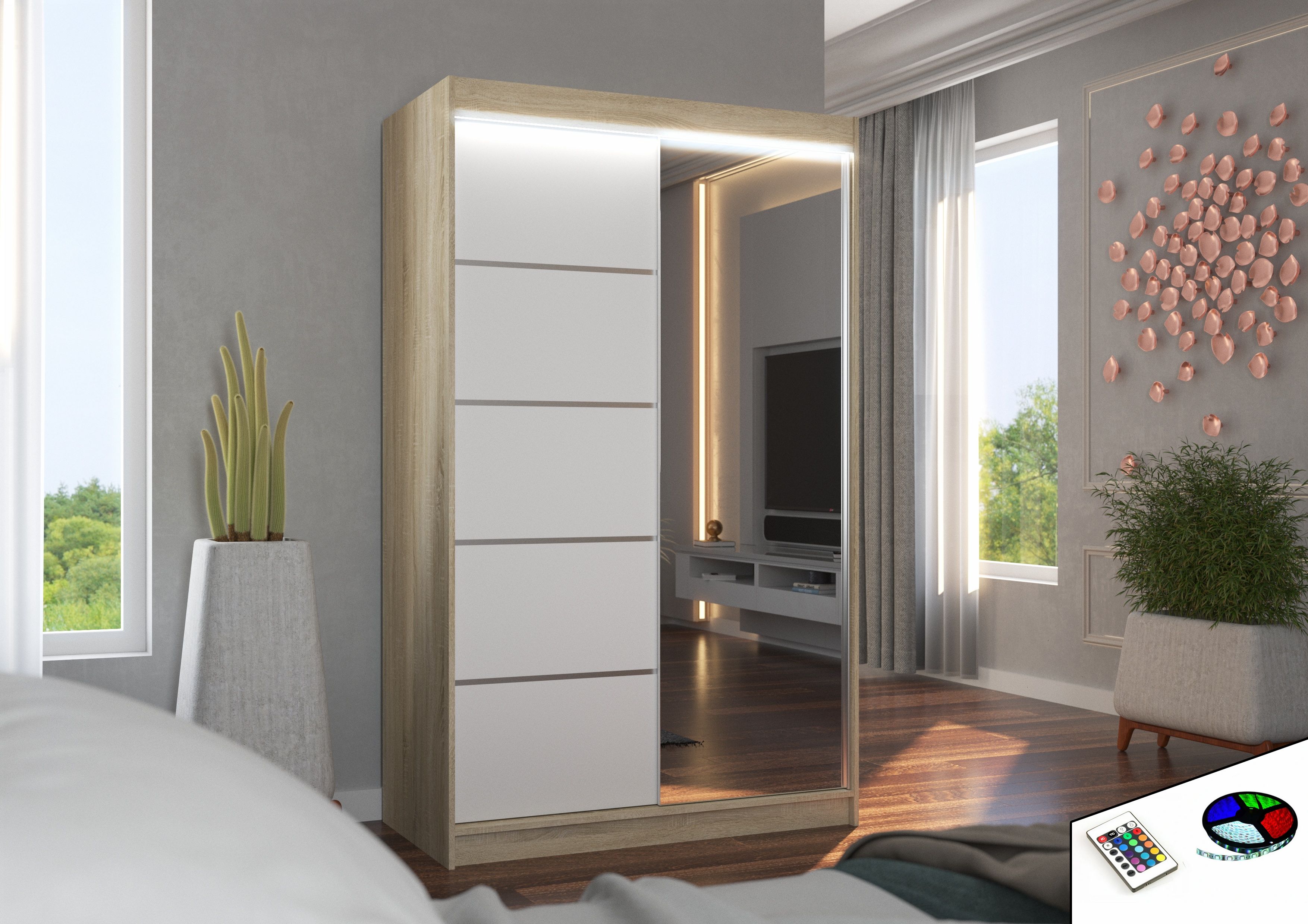 ADRK Šatní zrcadlová skříň posuvná s LED osvětlením NICEA S-W 120 L