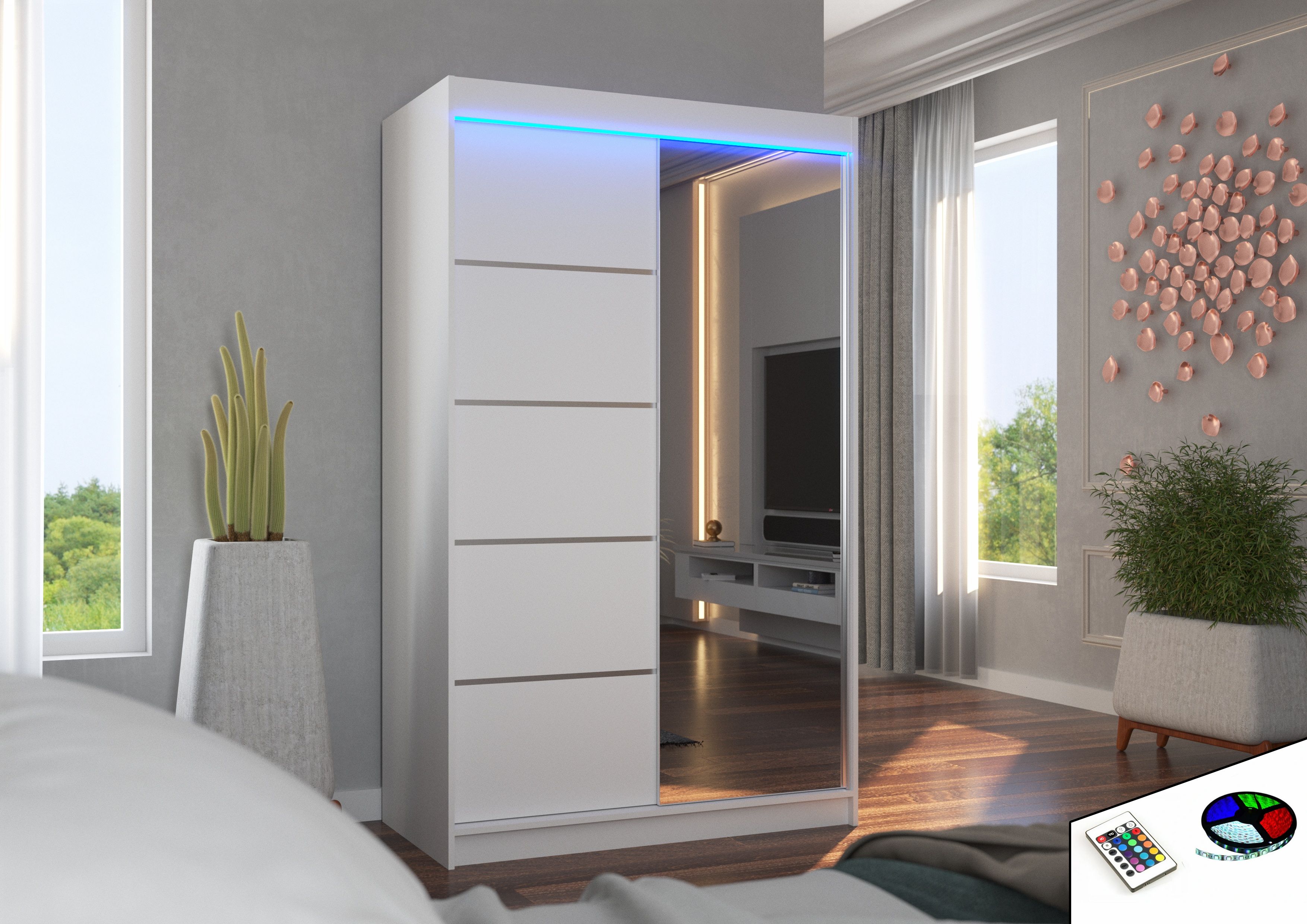 ADRK Šatní zrcadlová skříň posuvná s LED osvětlením NICEA W 120 L
