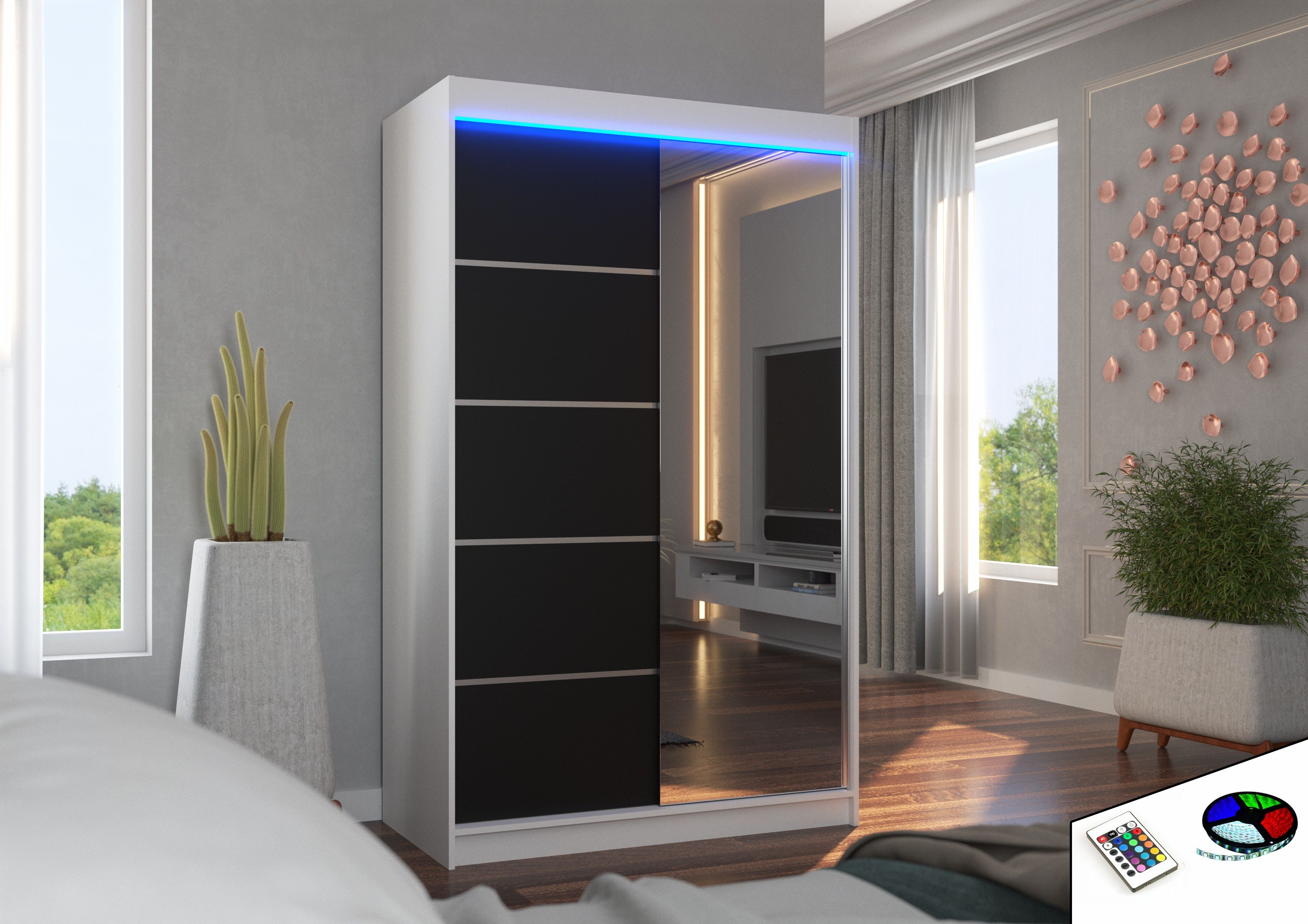 ADRK Šatní zrcadlová skříň posuvná s LED osvětlením NICEA W-B 120 L