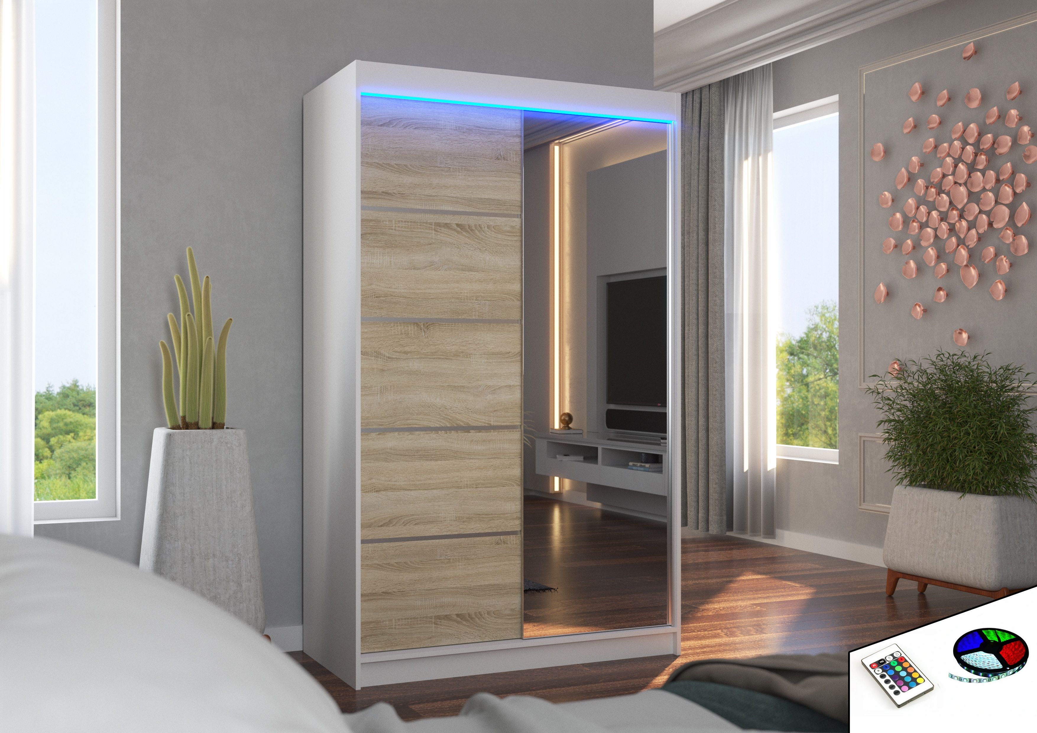 ADRK Šatní zrcadlová skříň posuvná s LED osvětlením NICEA W-S 120 L