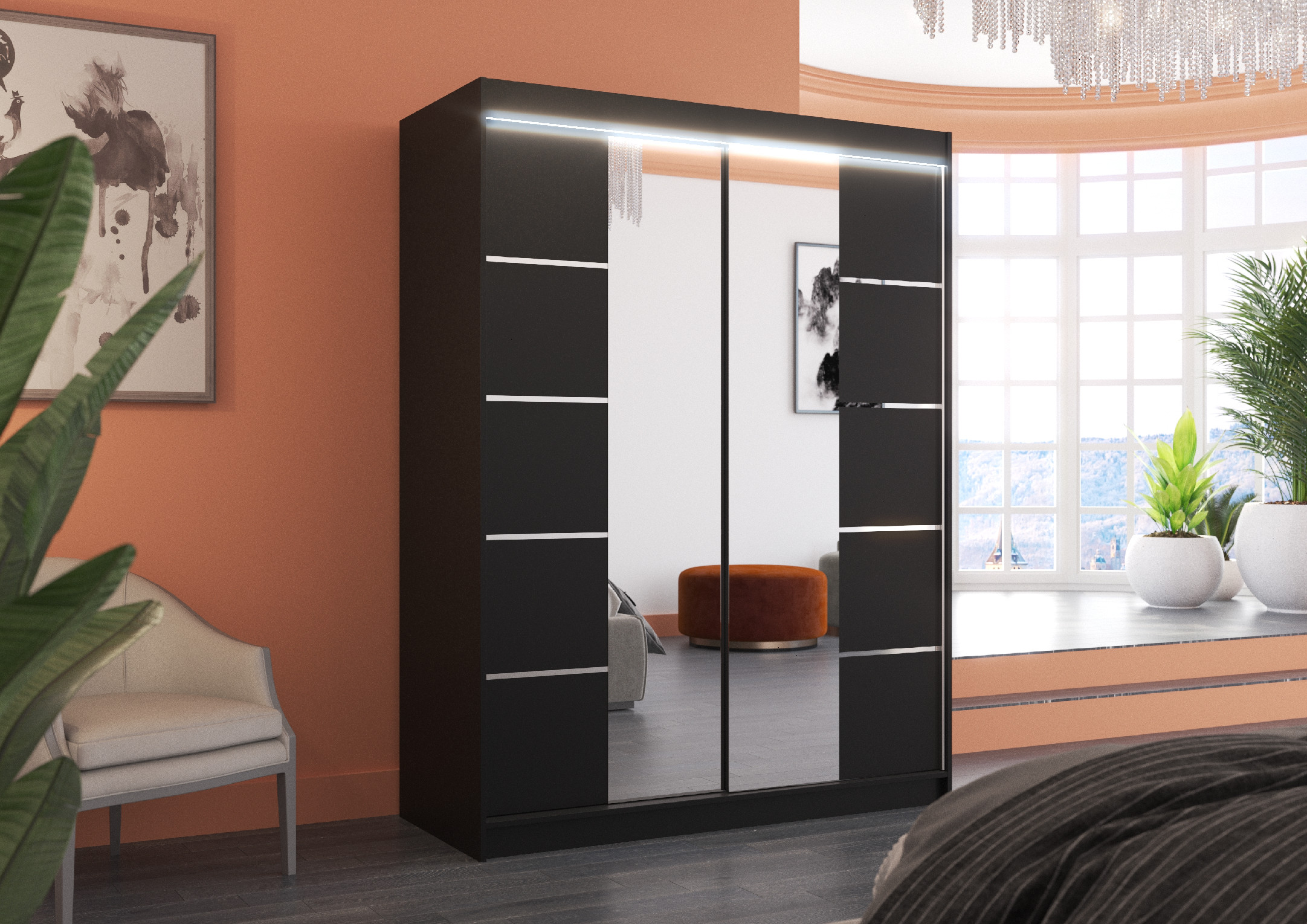 ADRK Šatní zrcadlová skříň posuvná s LED osvětlením NORDIC B 150 L