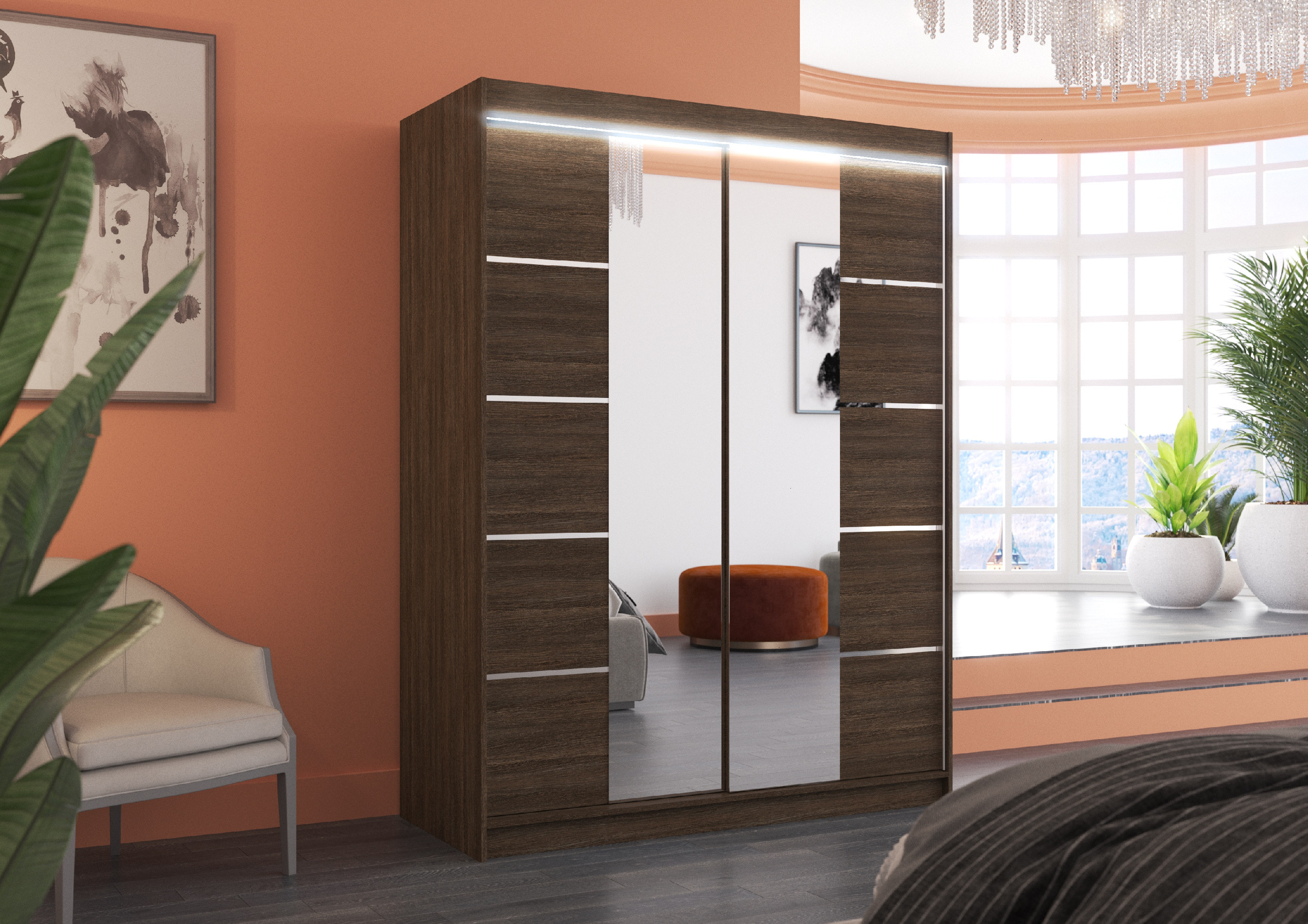 ADRK Šatní zrcadlová skříň posuvná s LED osvětlením NORDIC CH 150 L