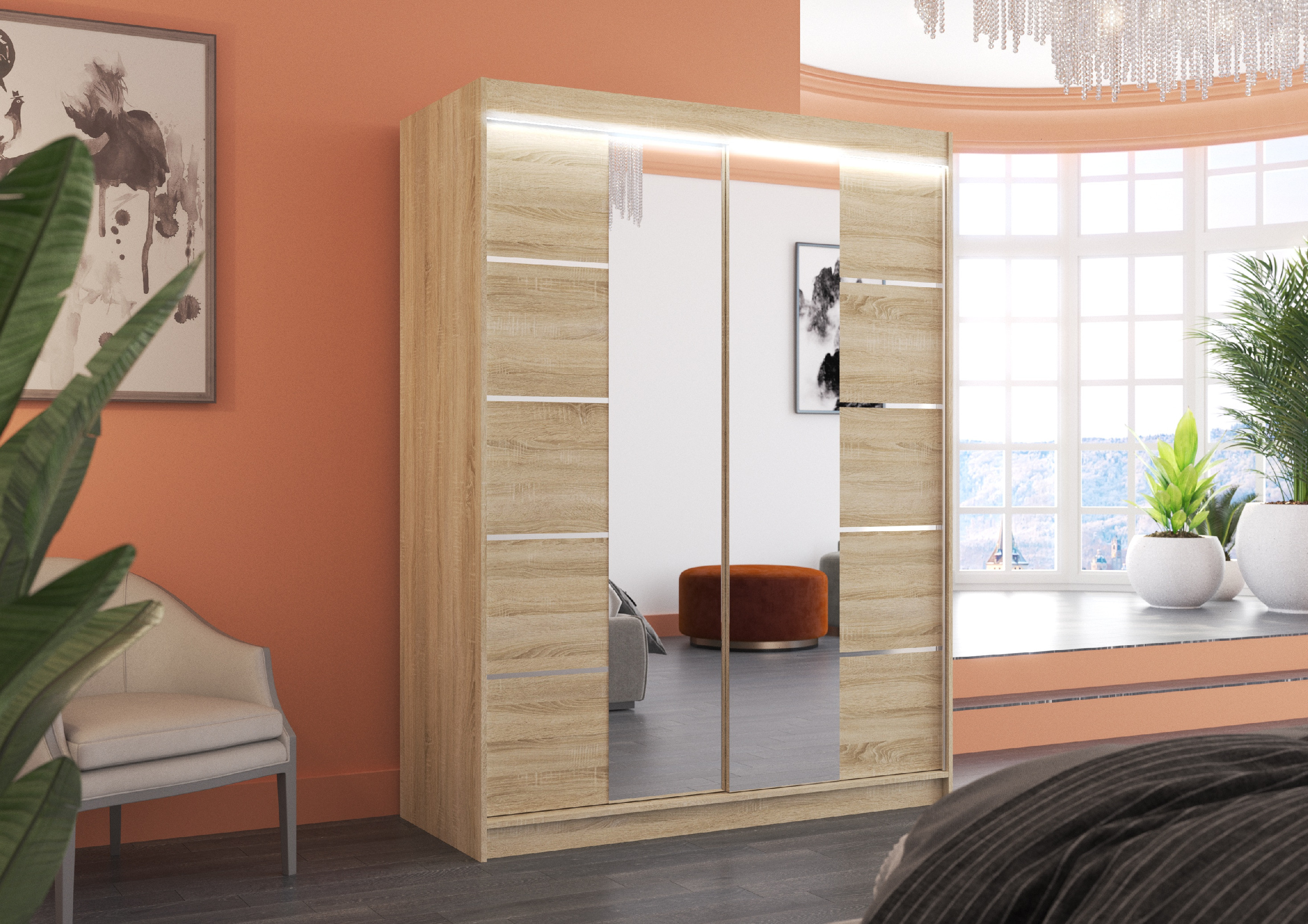 ADRK Šatní zrcadlová skříň posuvná s LED osvětlením NORDIC S 150 L