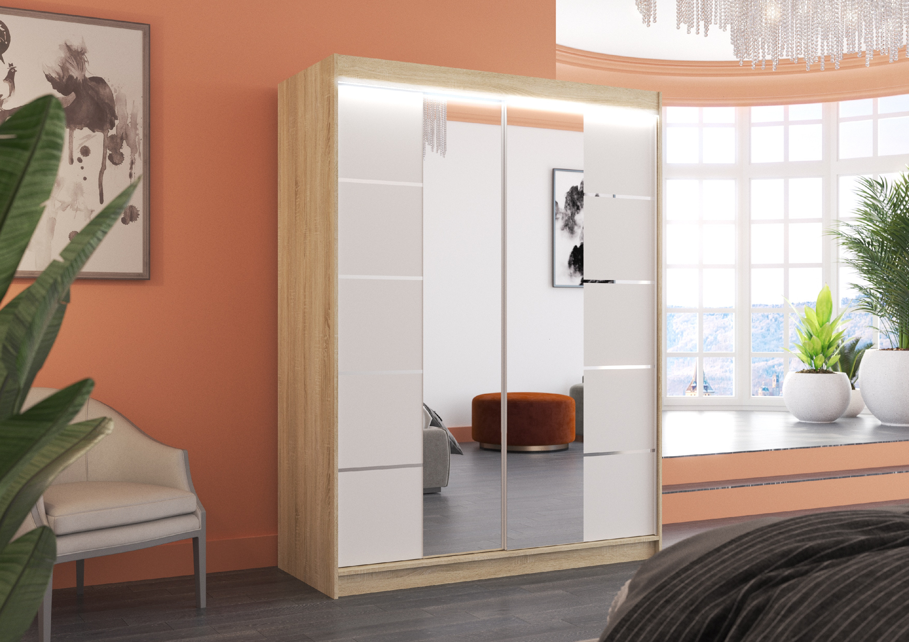 ADRK Šatní zrcadlová skříň posuvná s LED osvětlením NORDIC S-W 150 L