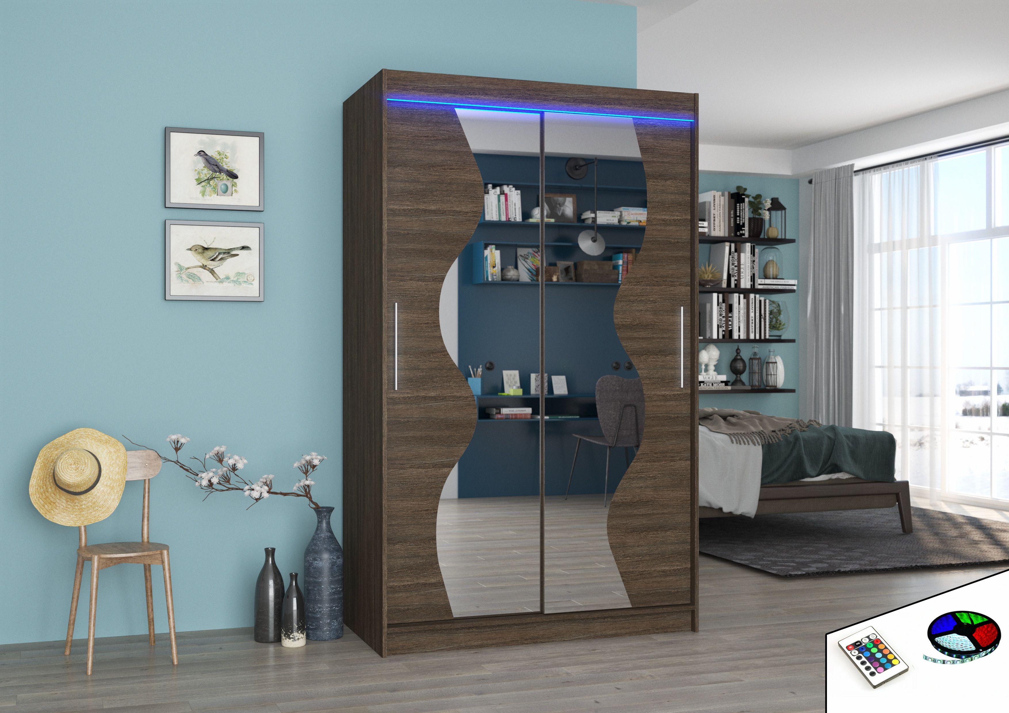 ADRK Šatní zrcadlová skříň posuvná s LED osvětlením OSWALD CH 120 L