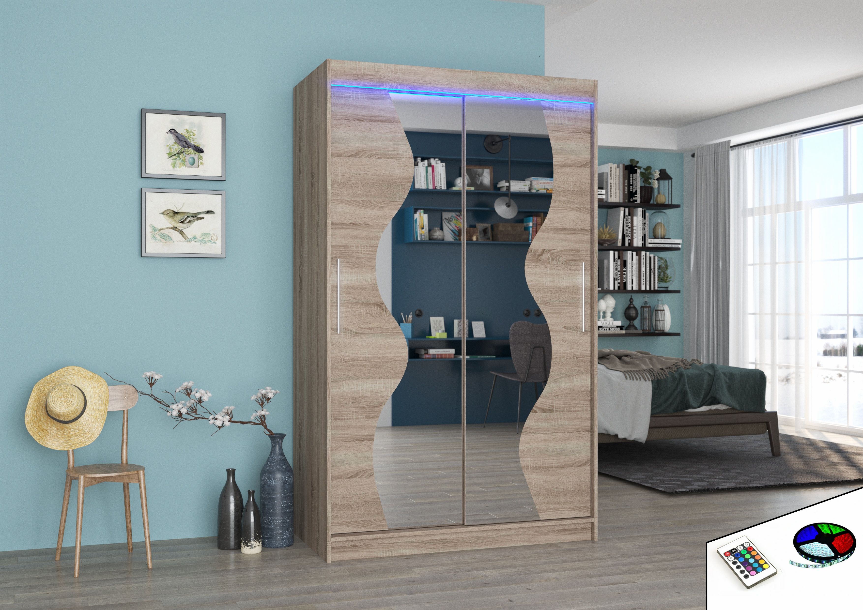 ADRK Šatní zrcadlová skříň posuvná s LED osvětlením OSWALD T 120 L