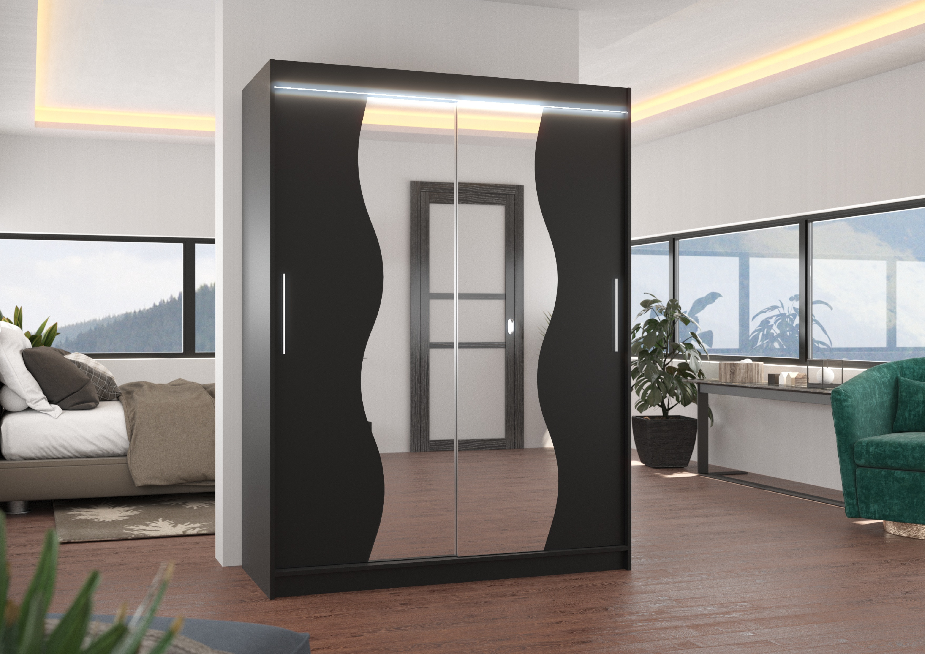ADRK Šatní zrcadlová skříň posuvná s LED osvětlením RENZO B 150 L
