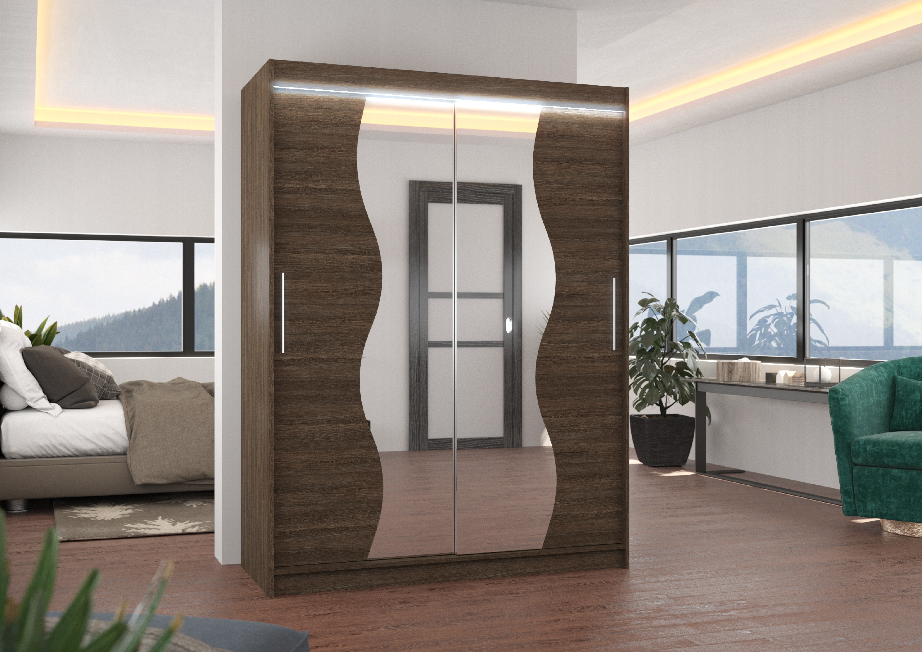 ADRK Šatní zrcadlová skříň posuvná s LED osvětlením RENZO CH 150 L