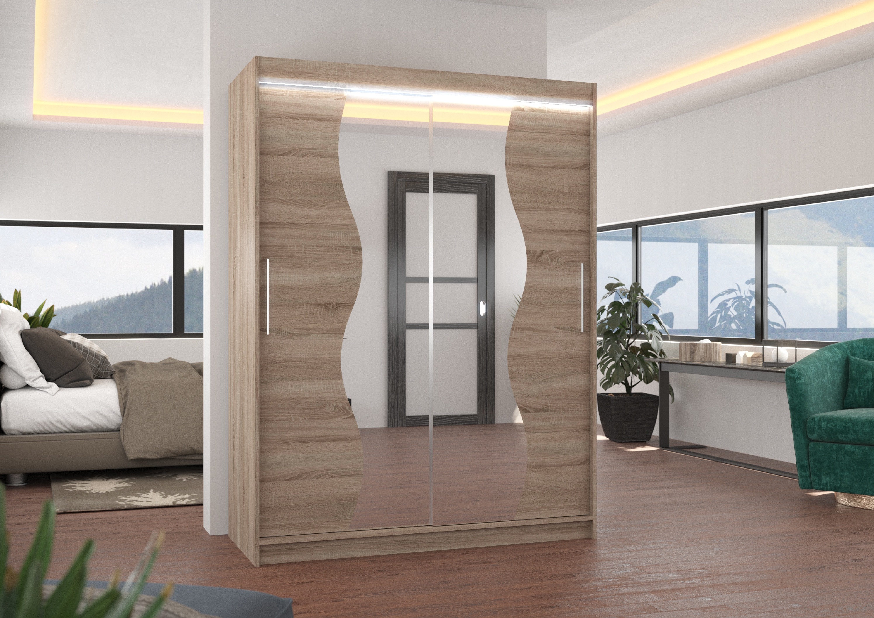 ADRK Šatní zrcadlová skříň posuvná s LED osvětlením RENZO T 150 L