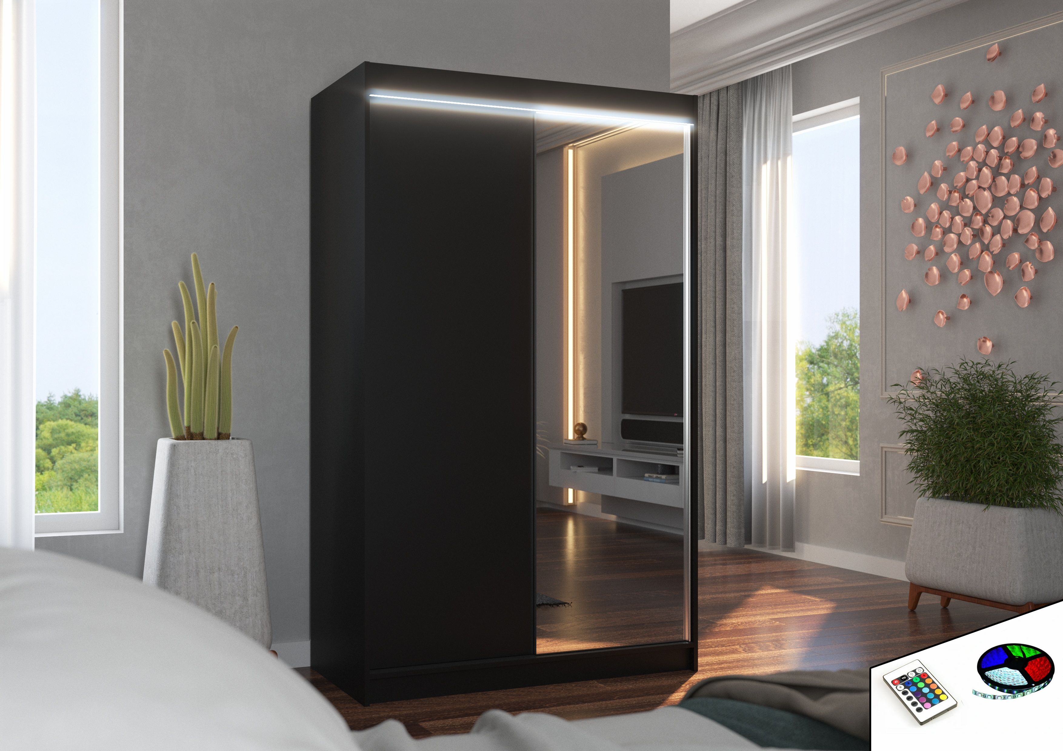 ADRK Šatní zrcadlová skříň posuvná s LED osvětlením REWENA B 120 L