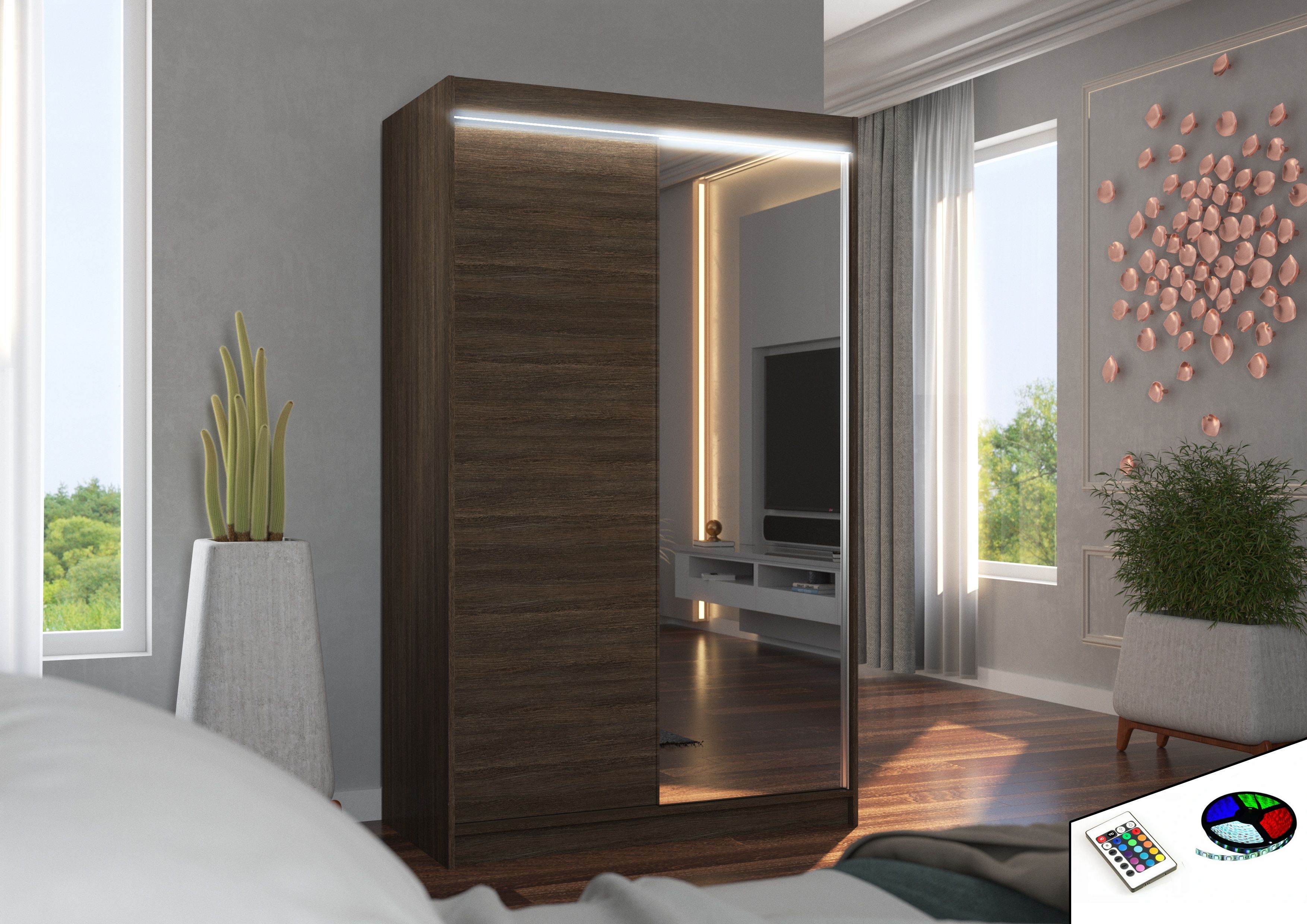 ADRK Šatní zrcadlová skříň posuvná s LED osvětlením REWENA CH 120 L