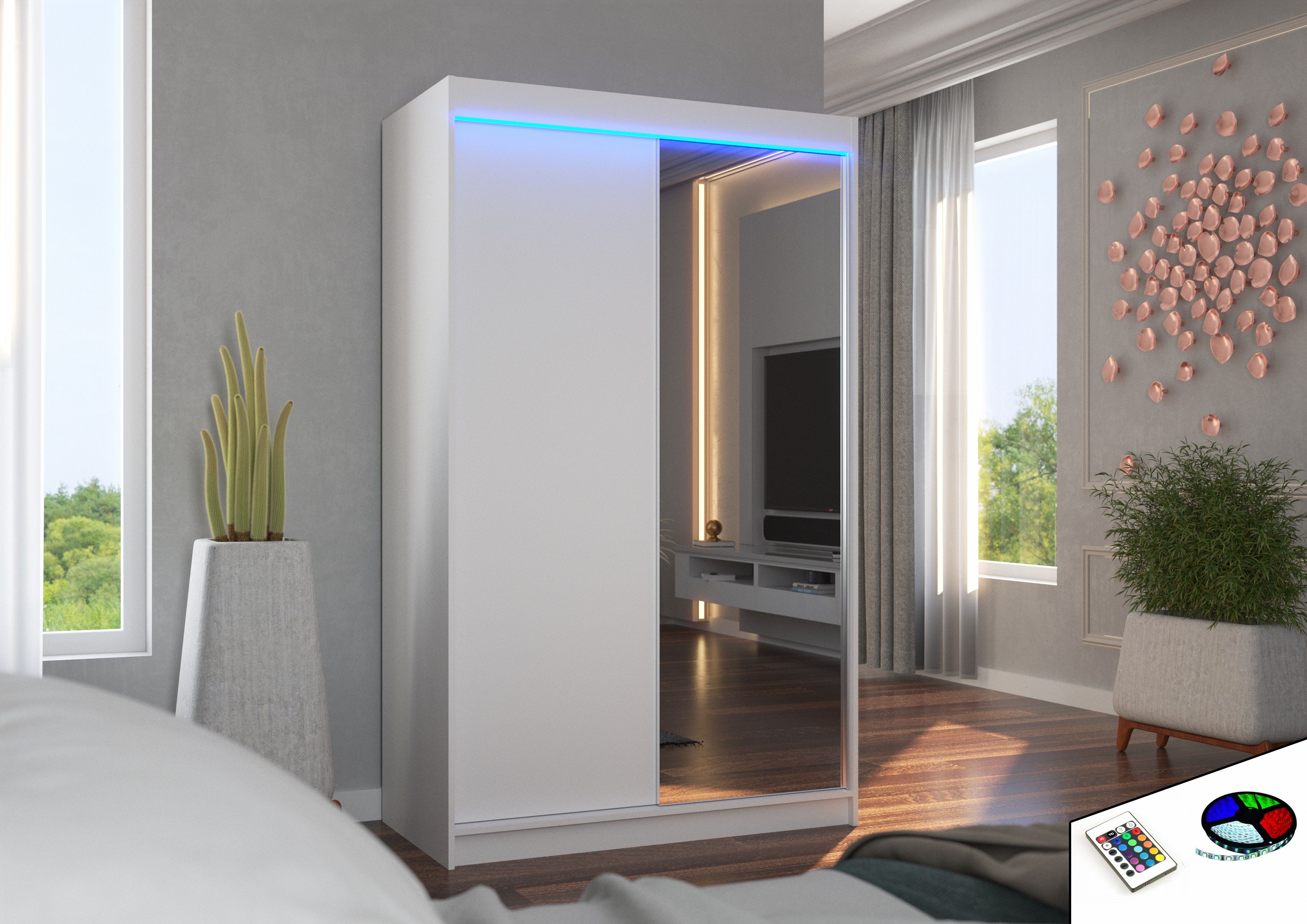 ADRK Šatní zrcadlová skříň posuvná s LED osvětlením REWENA W 120 L