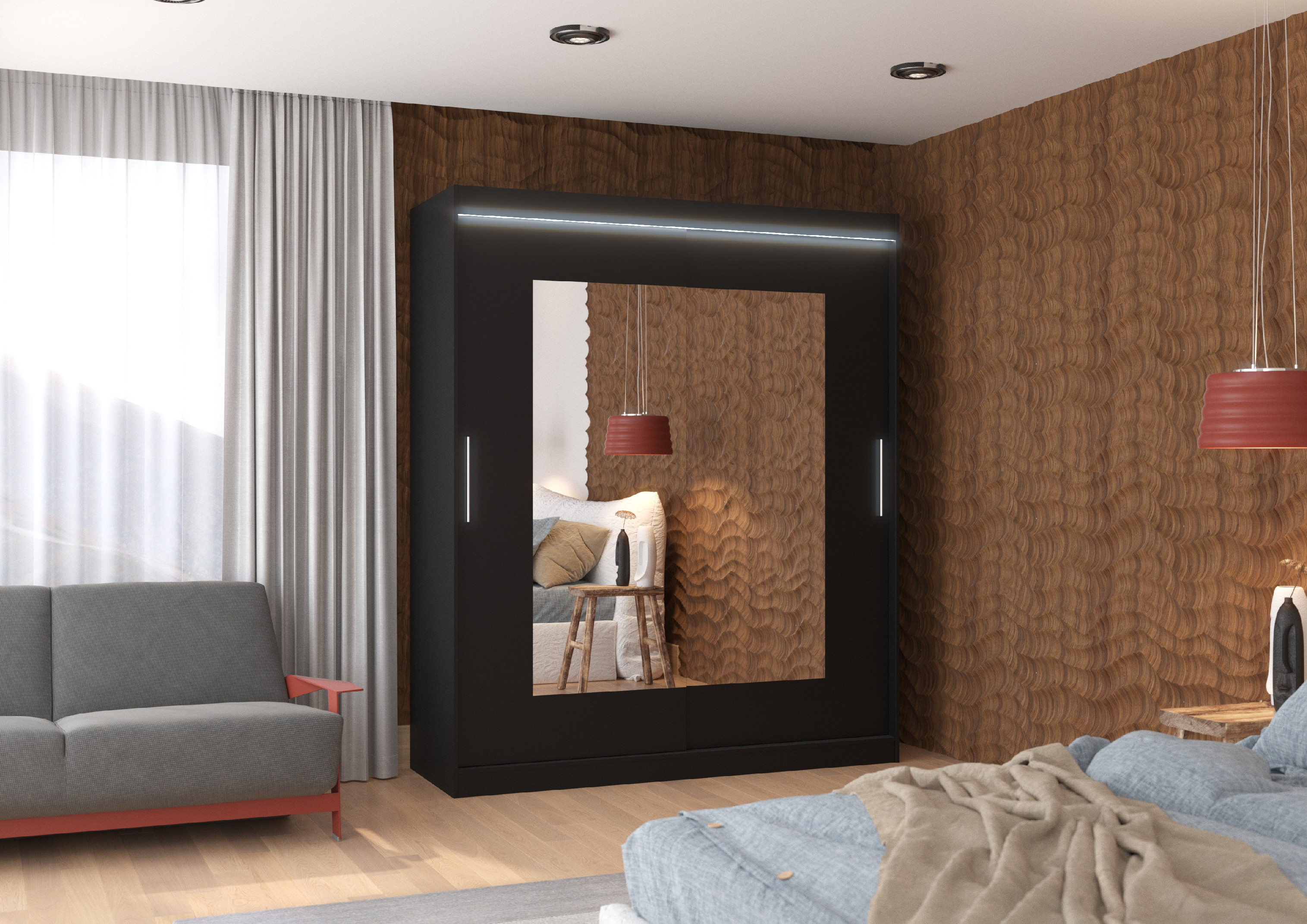 ADRK Šatní zrcadlová skříň posuvná s LED osvětlením ROSETTE B 180 L