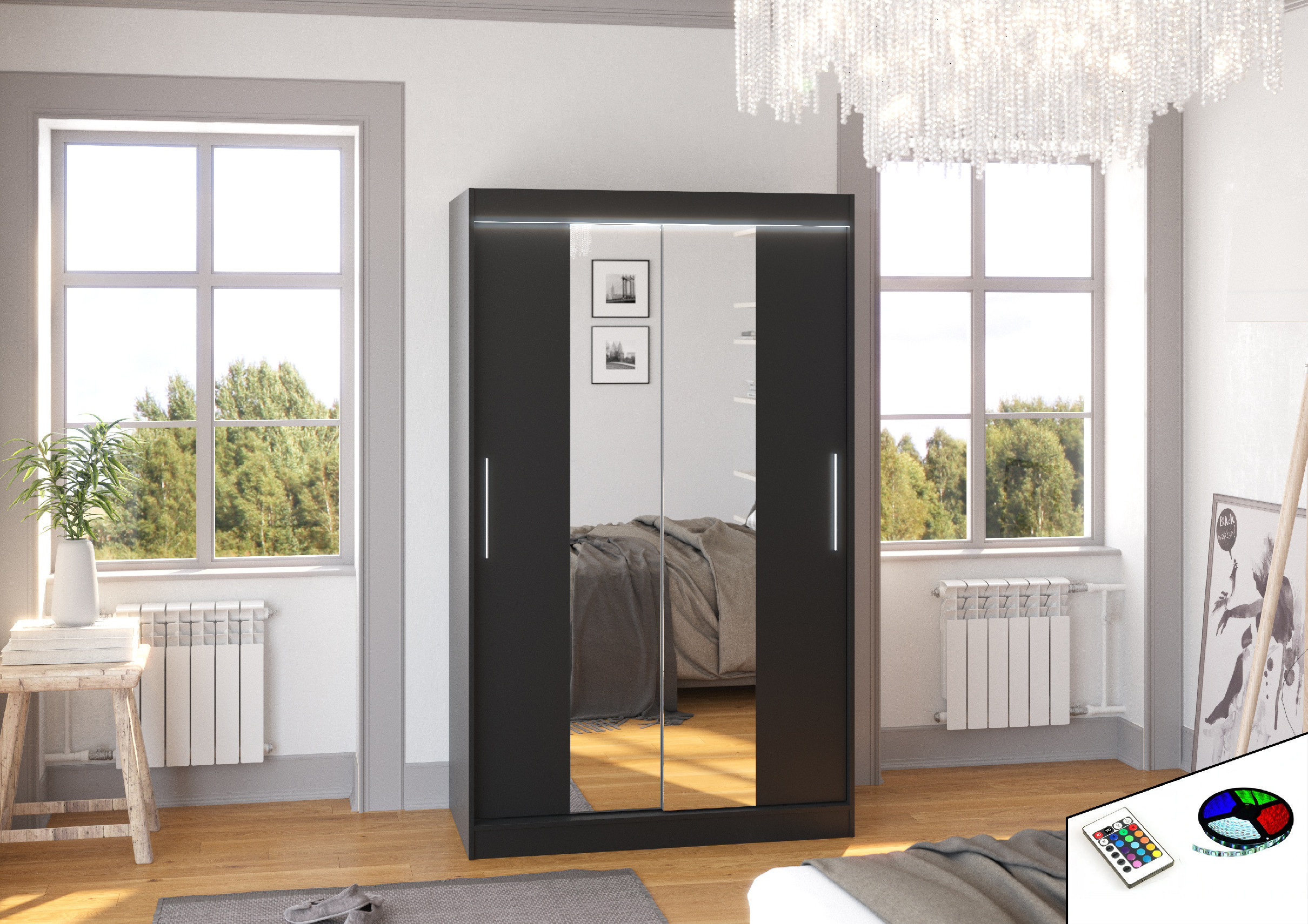 ADRK Šatní zrcadlová skříň posuvná s LED osvětlením SANTOS B 120 L