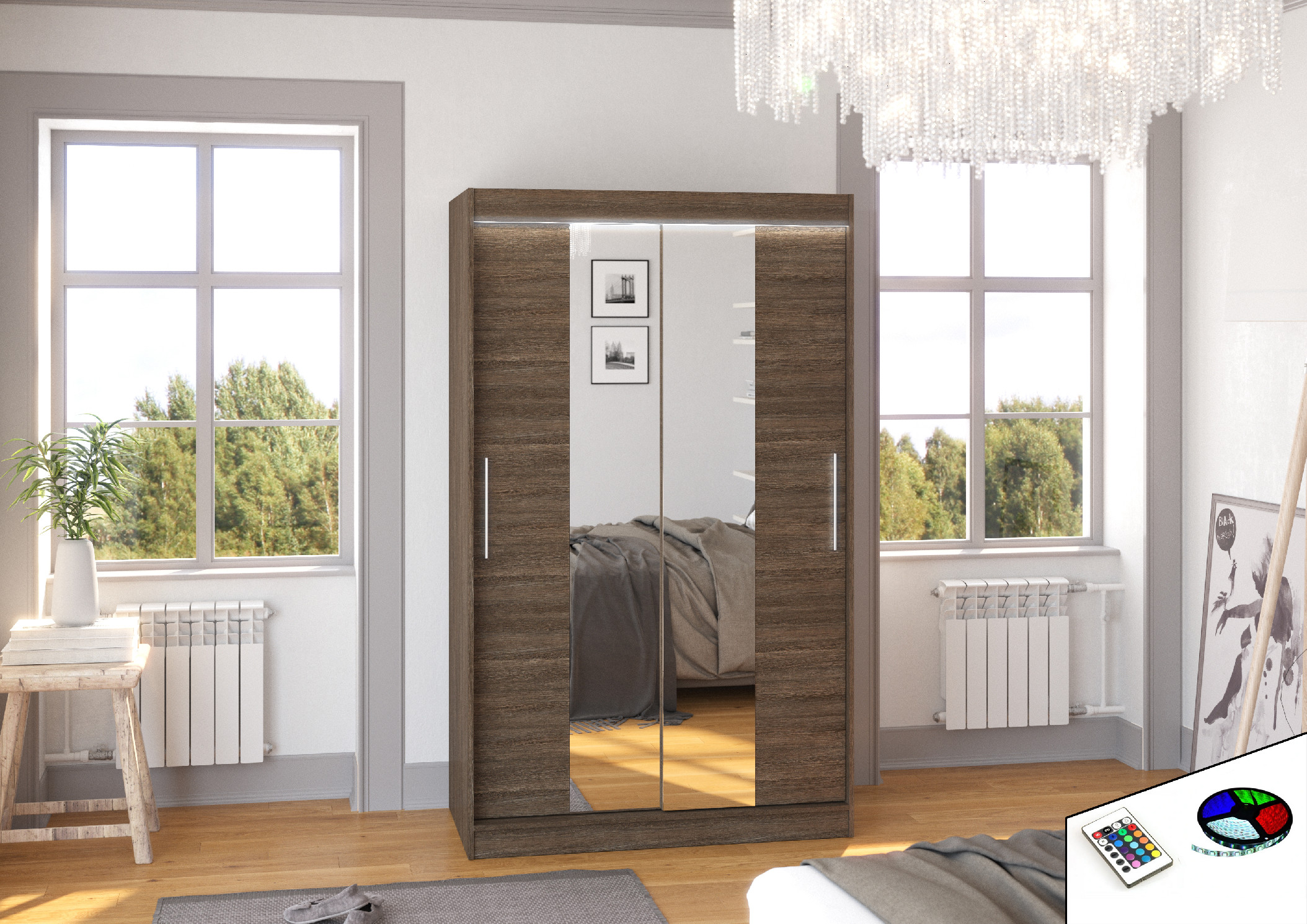 ADRK Šatní zrcadlová skříň posuvná s LED osvětlením SANTOS CH 120 L