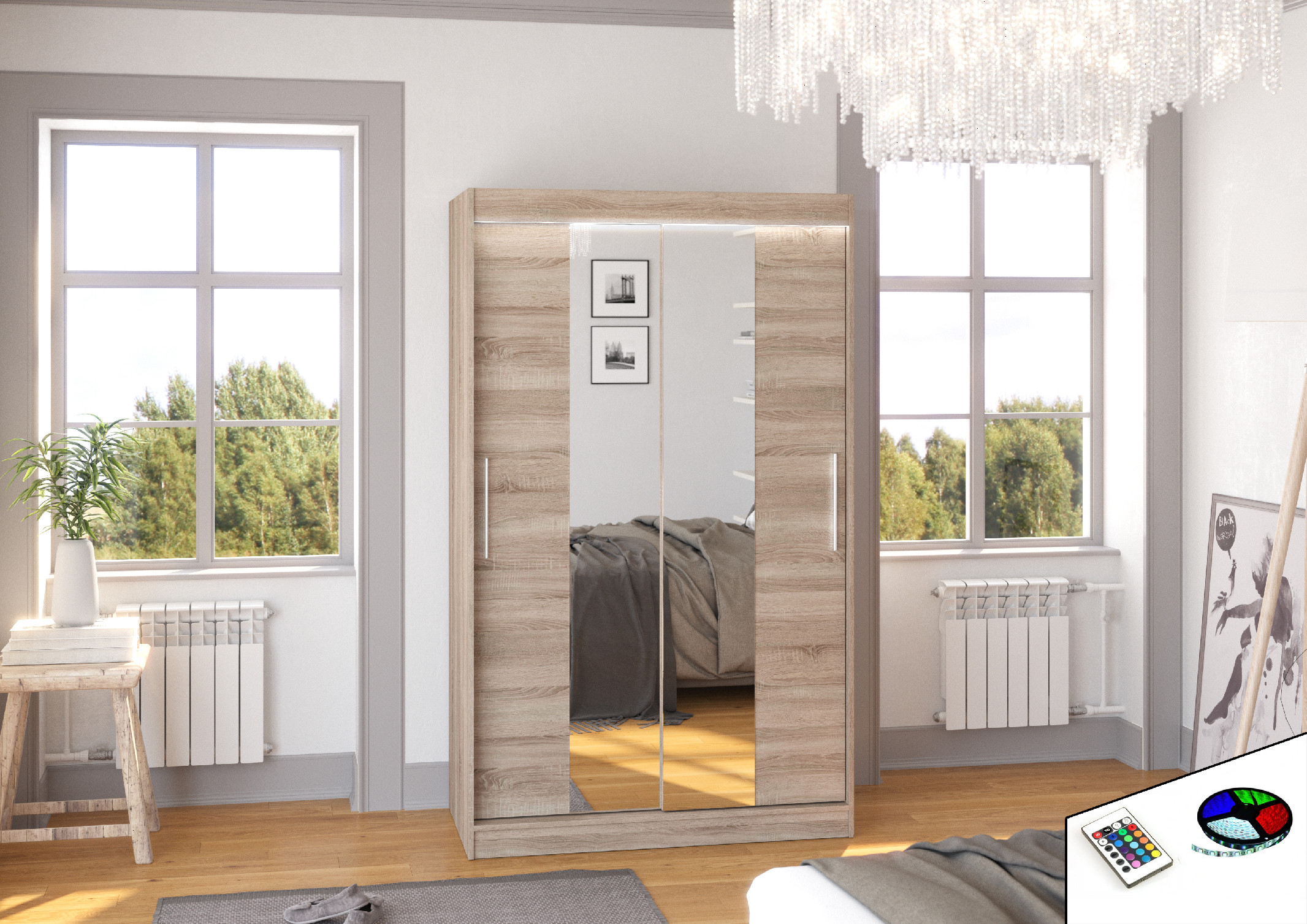 ADRK Šatní zrcadlová skříň posuvná s LED osvětlením SANTOS T 120 L