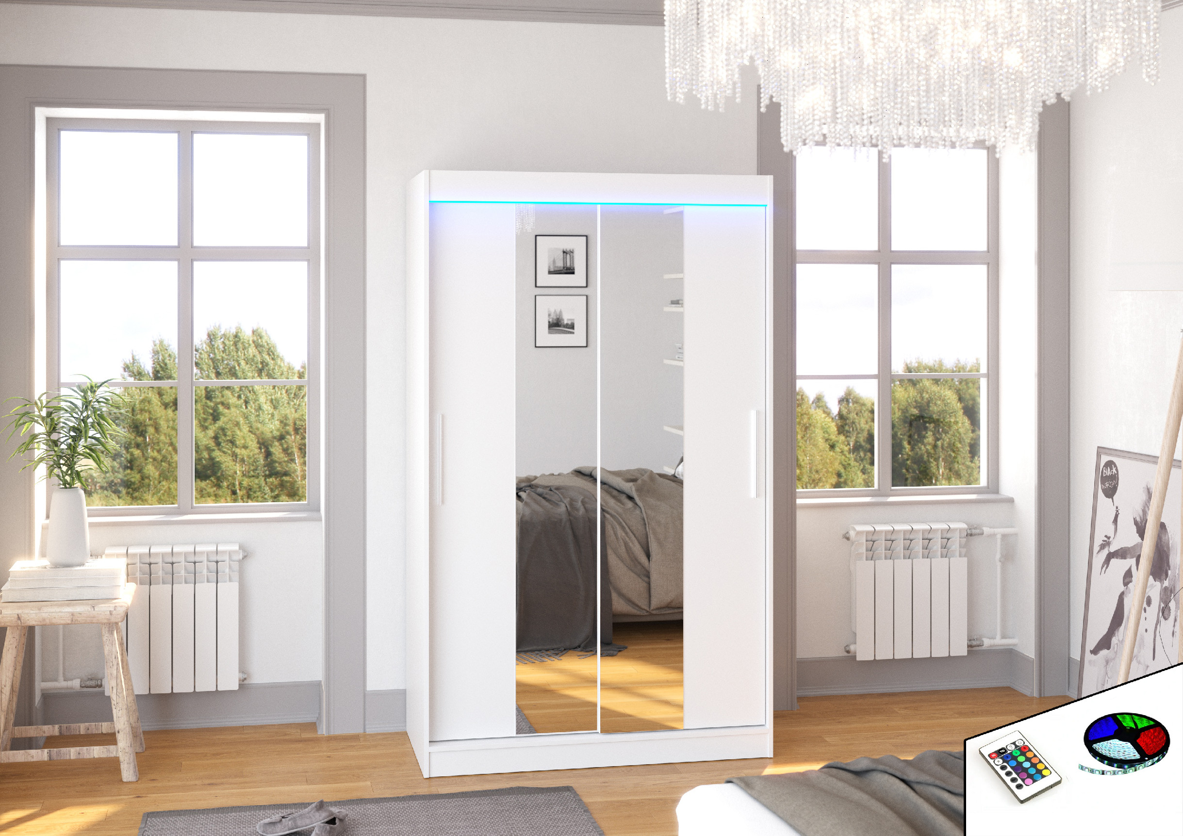 ADRK Šatní zrcadlová skříň posuvná s LED osvětlením SANTOS W 120 L