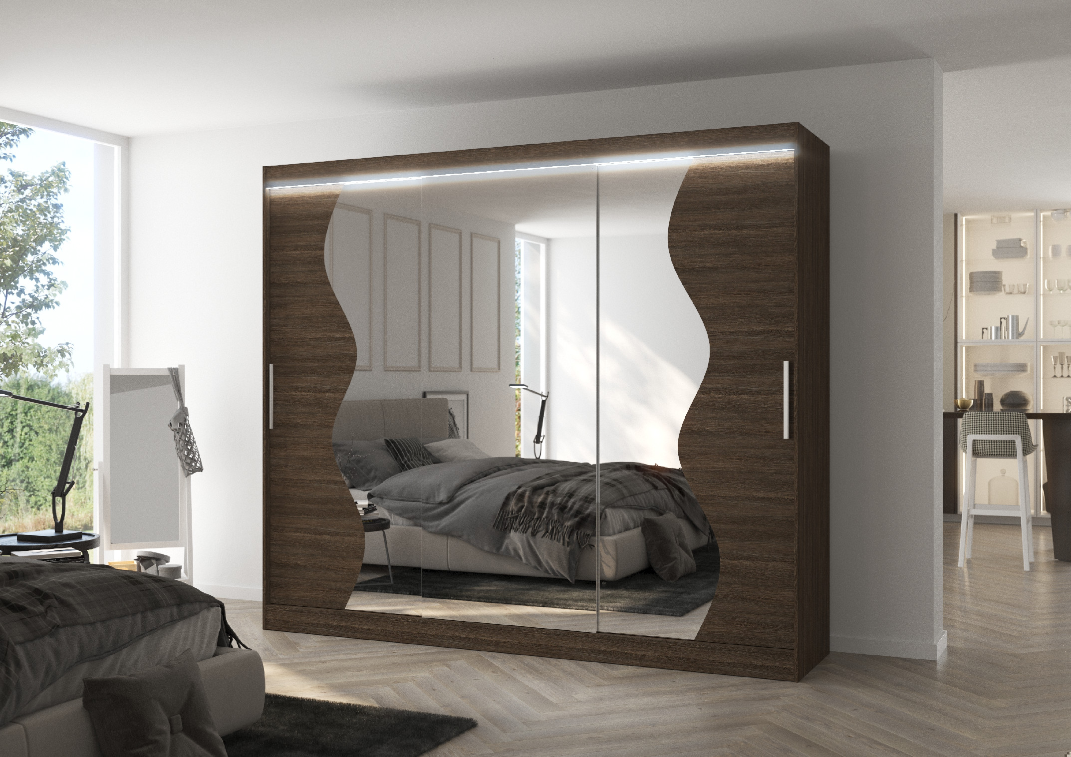 ADRK Šatní zrcadlová skříň posuvná s LED osvětlením SHARON CH 250 L