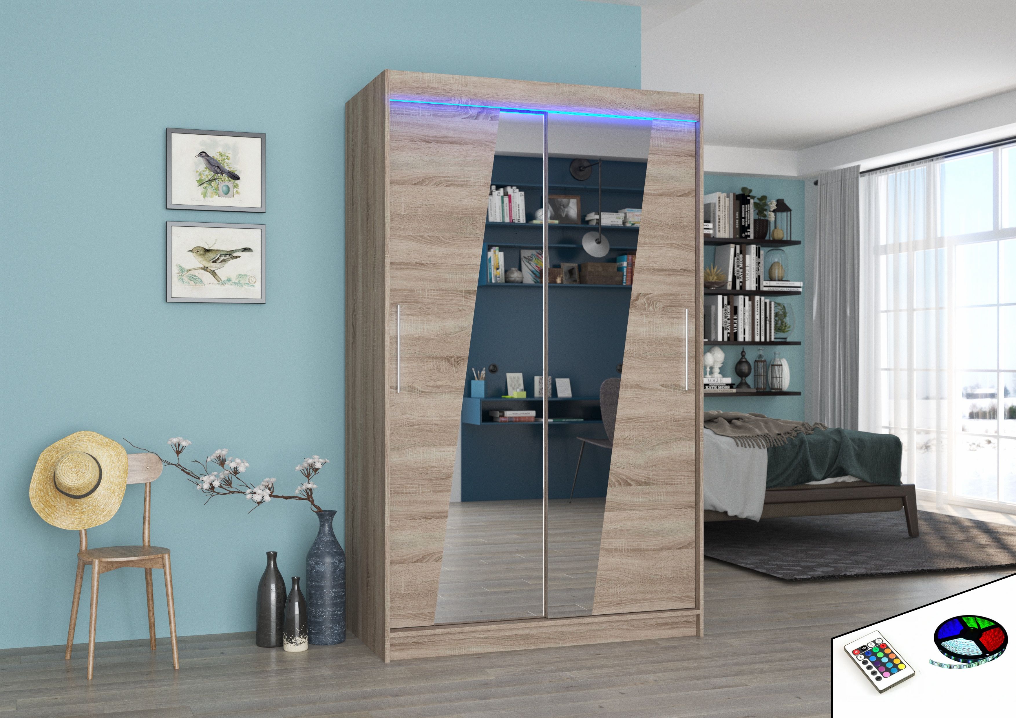 ADRK Šatní zrcadlová skříň posuvná s LED osvětlením TEXAS T 120 L