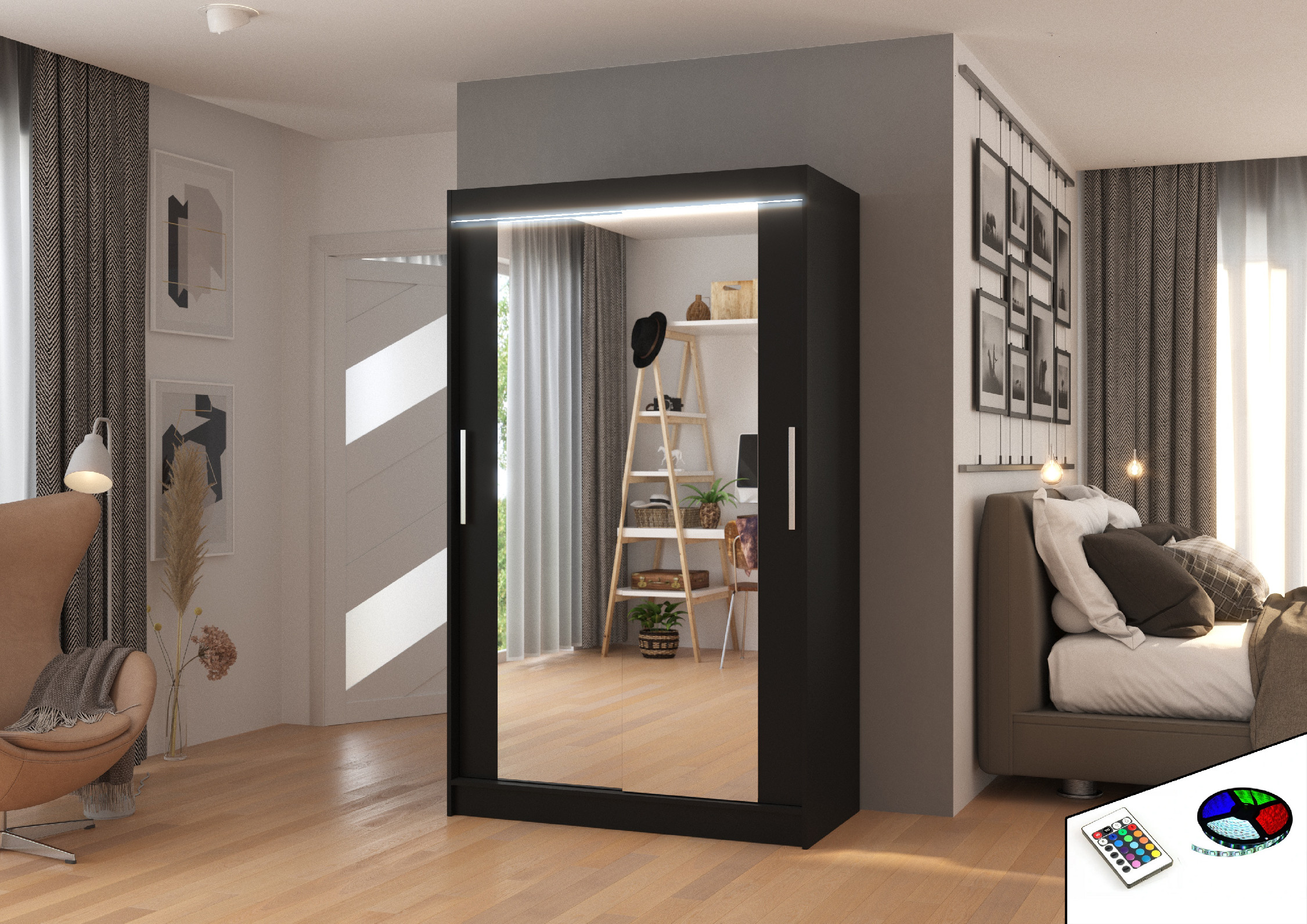 ADRK Šatní zrcadlová skříň posuvná s LED osvětlením TIBAGO B 120 L