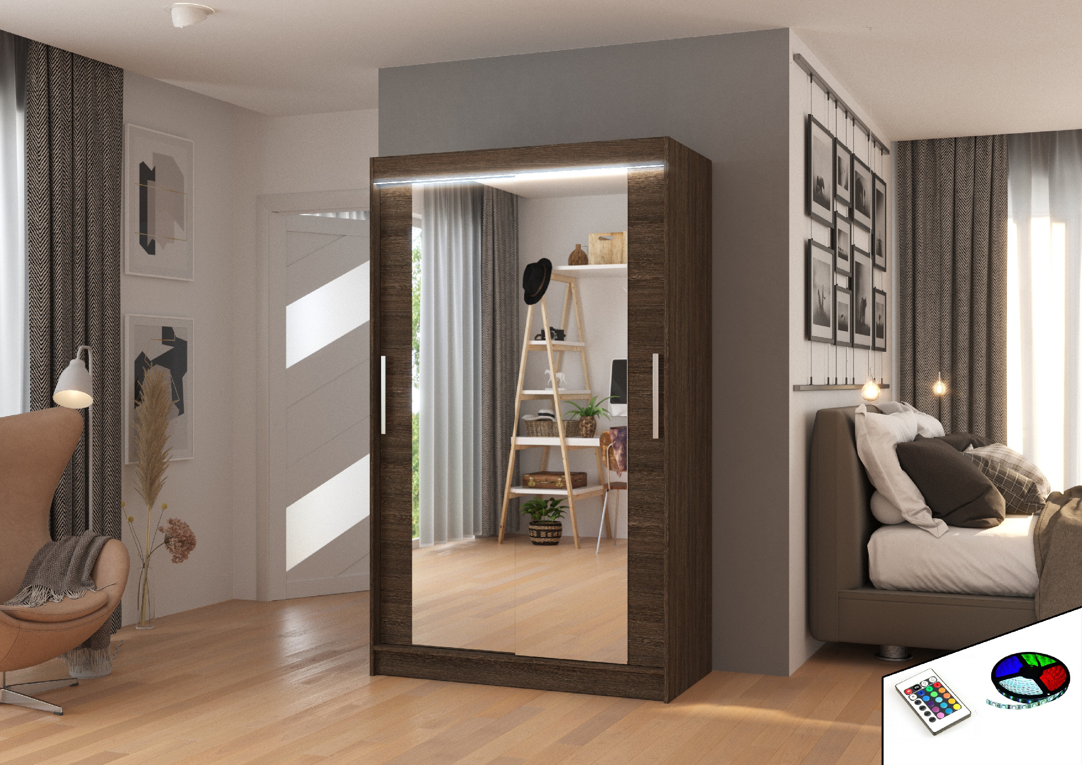 ADRK Šatní zrcadlová skříň posuvná s LED osvětlením TIBAGO CH 120 L