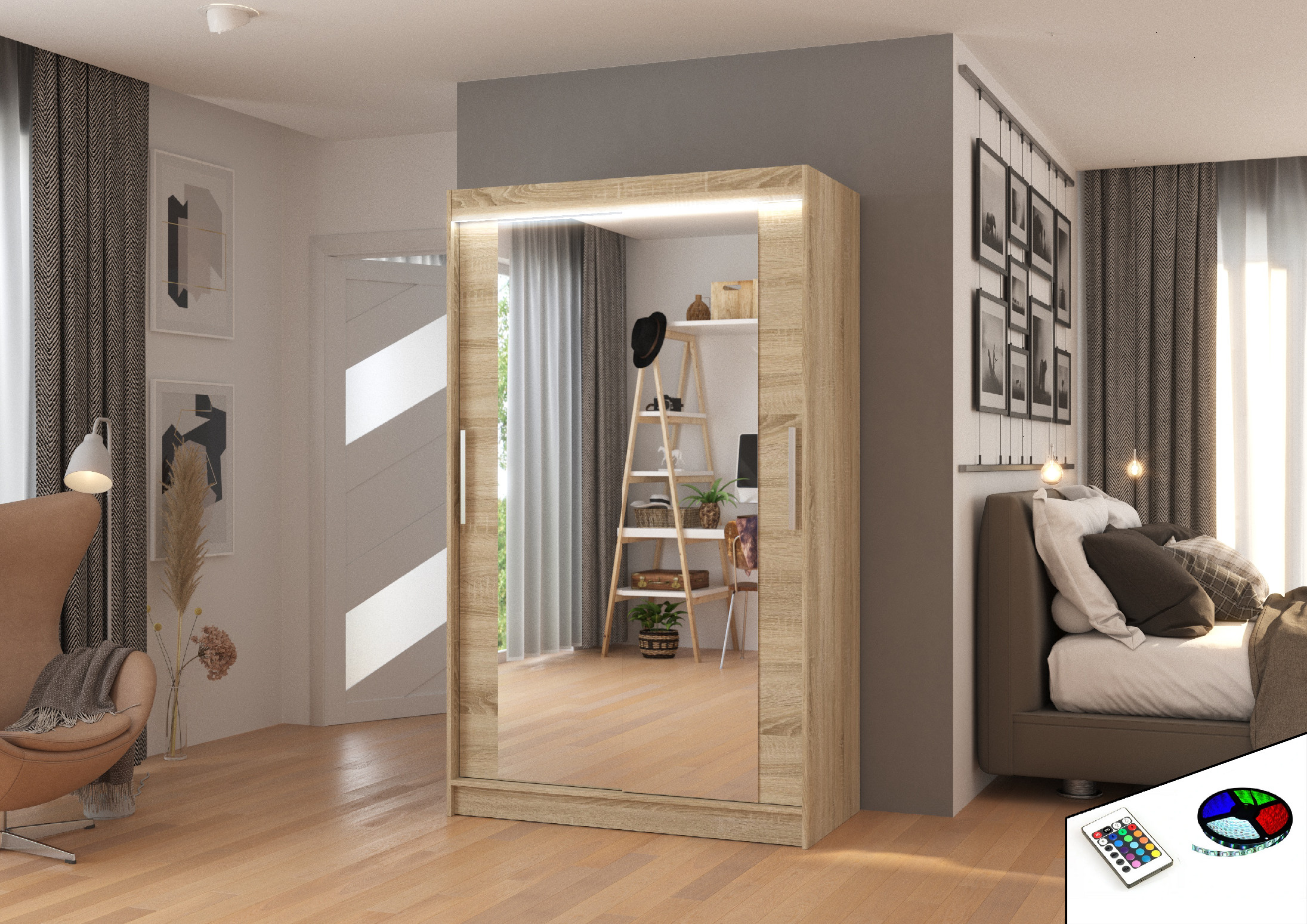 ADRK Šatní zrcadlová skříň posuvná s LED osvětlením TIBAGO S 120 L