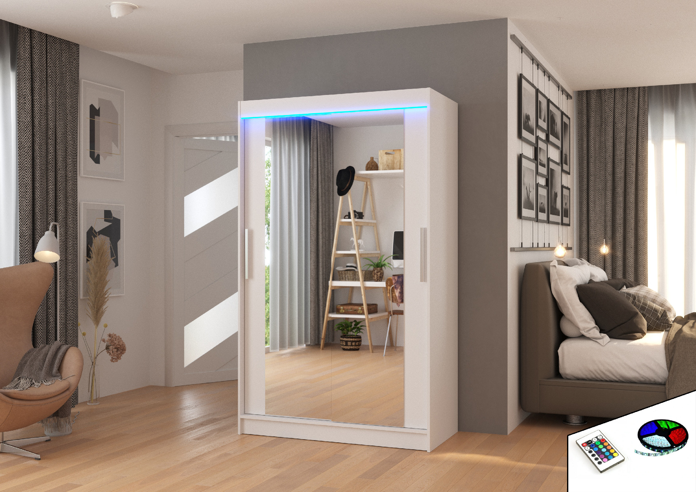 ADRK Šatní zrcadlová skříň posuvná s LED osvětlením TIBAGO W 120 L