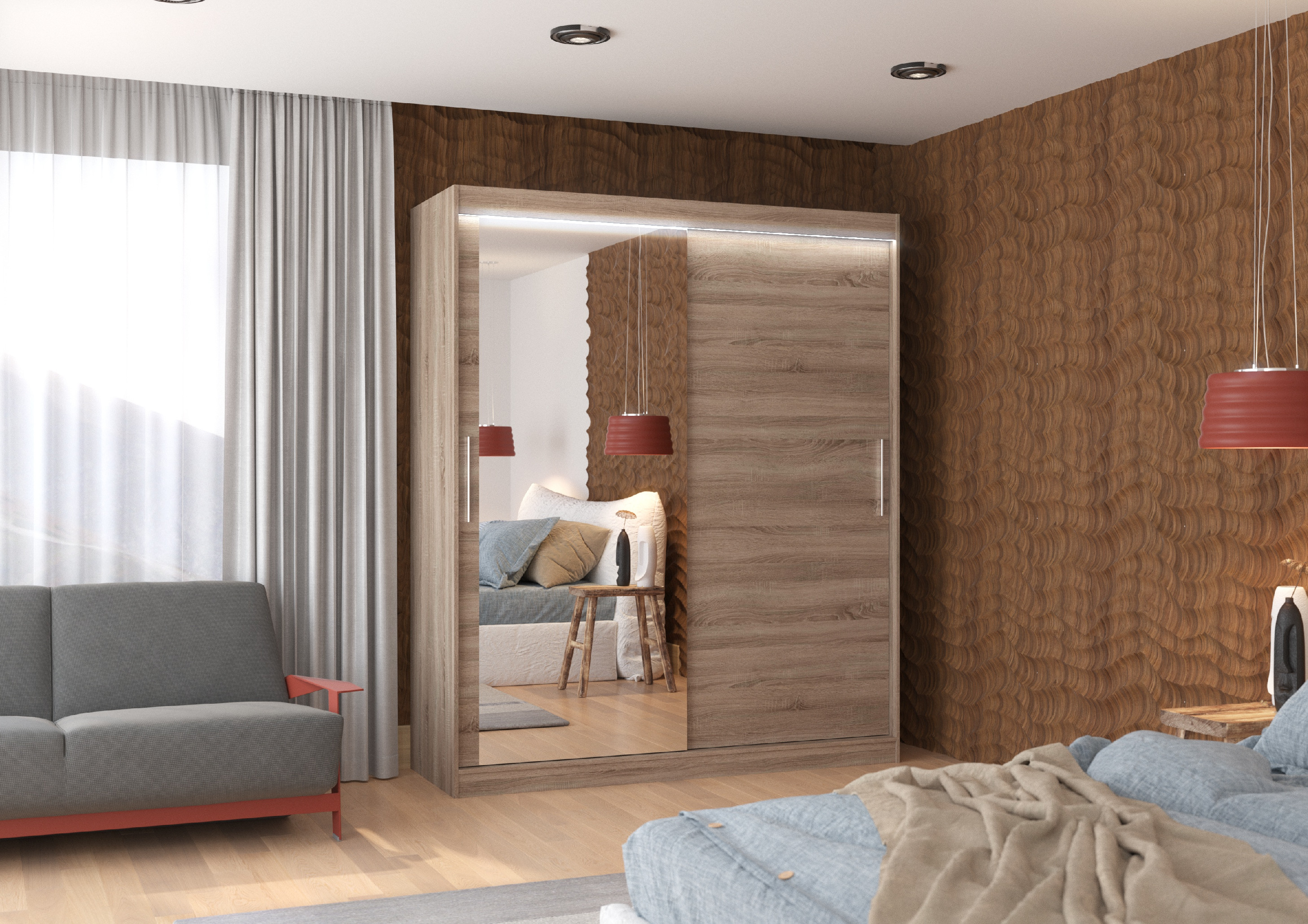 ADRK Šatní zrcadlová skříň posuvná s LED osvětlením TOM T 180 L