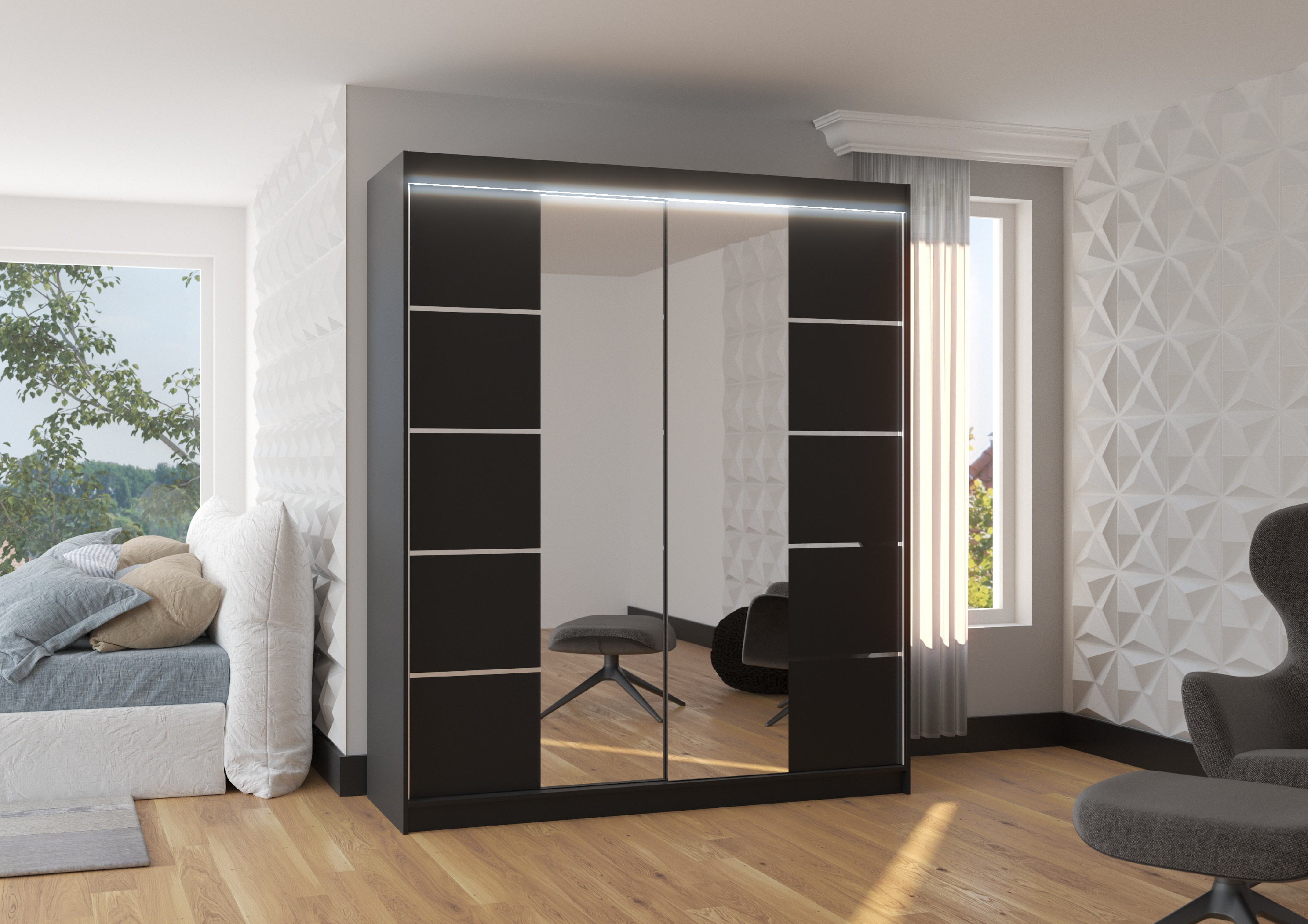 ADRK Šatní zrcadlová skříň posuvná s LED osvětlením TRAVES B 180 L