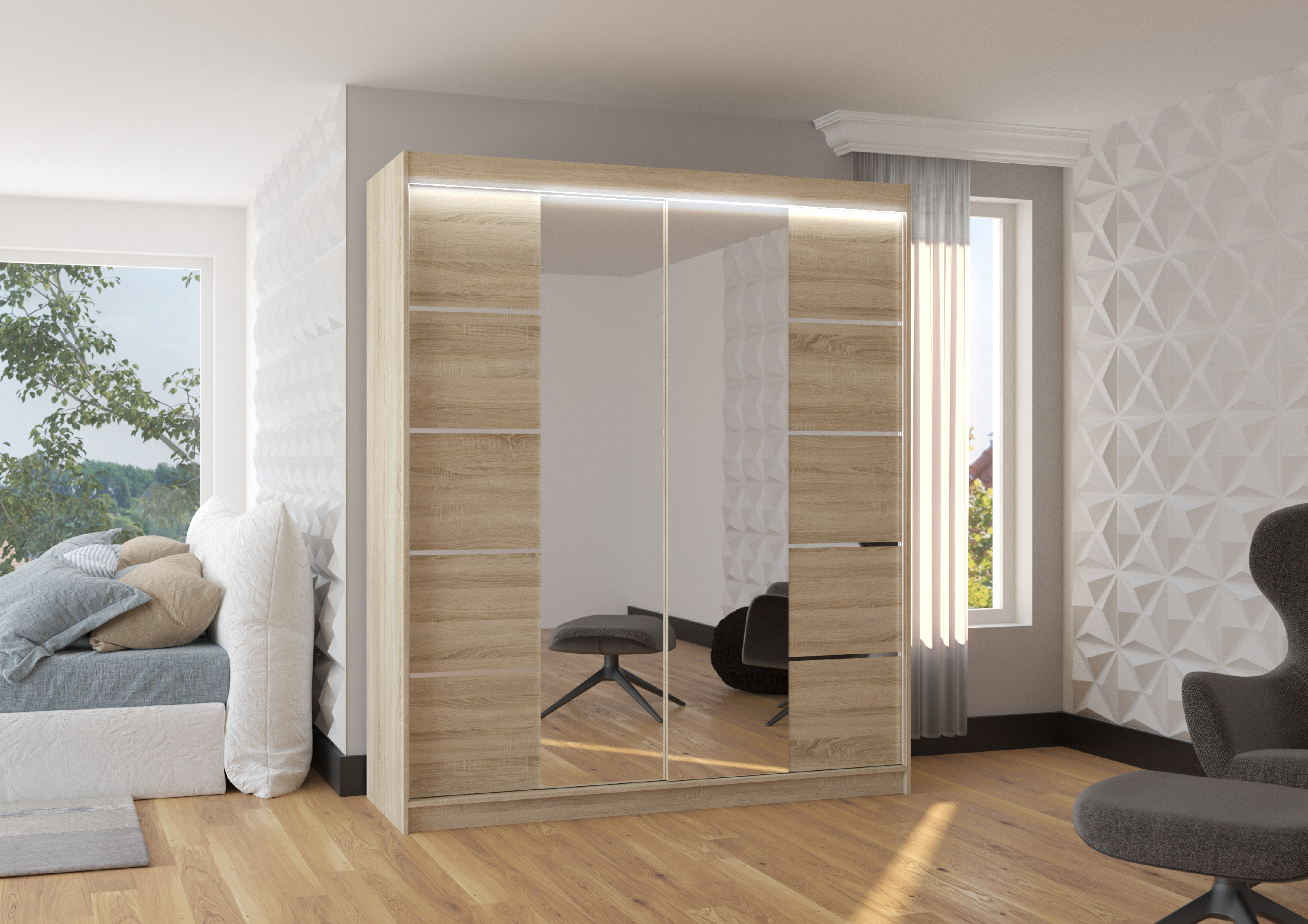 ADRK Šatní zrcadlová skříň posuvná s LED osvětlením TRAVES S 180 L