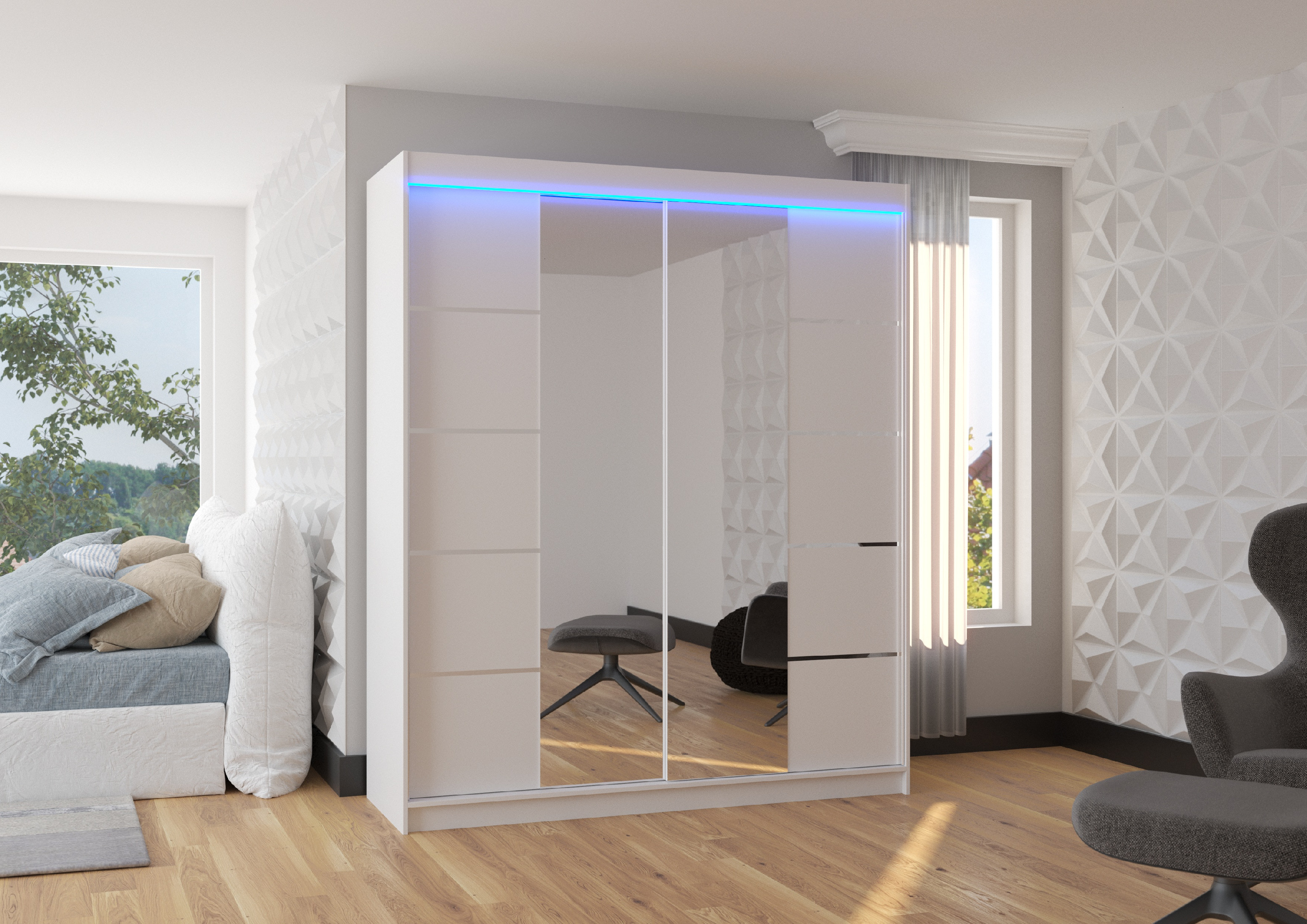 ADRK Šatní zrcadlová skříň posuvná s LED osvětlením TRAVES W 180 L