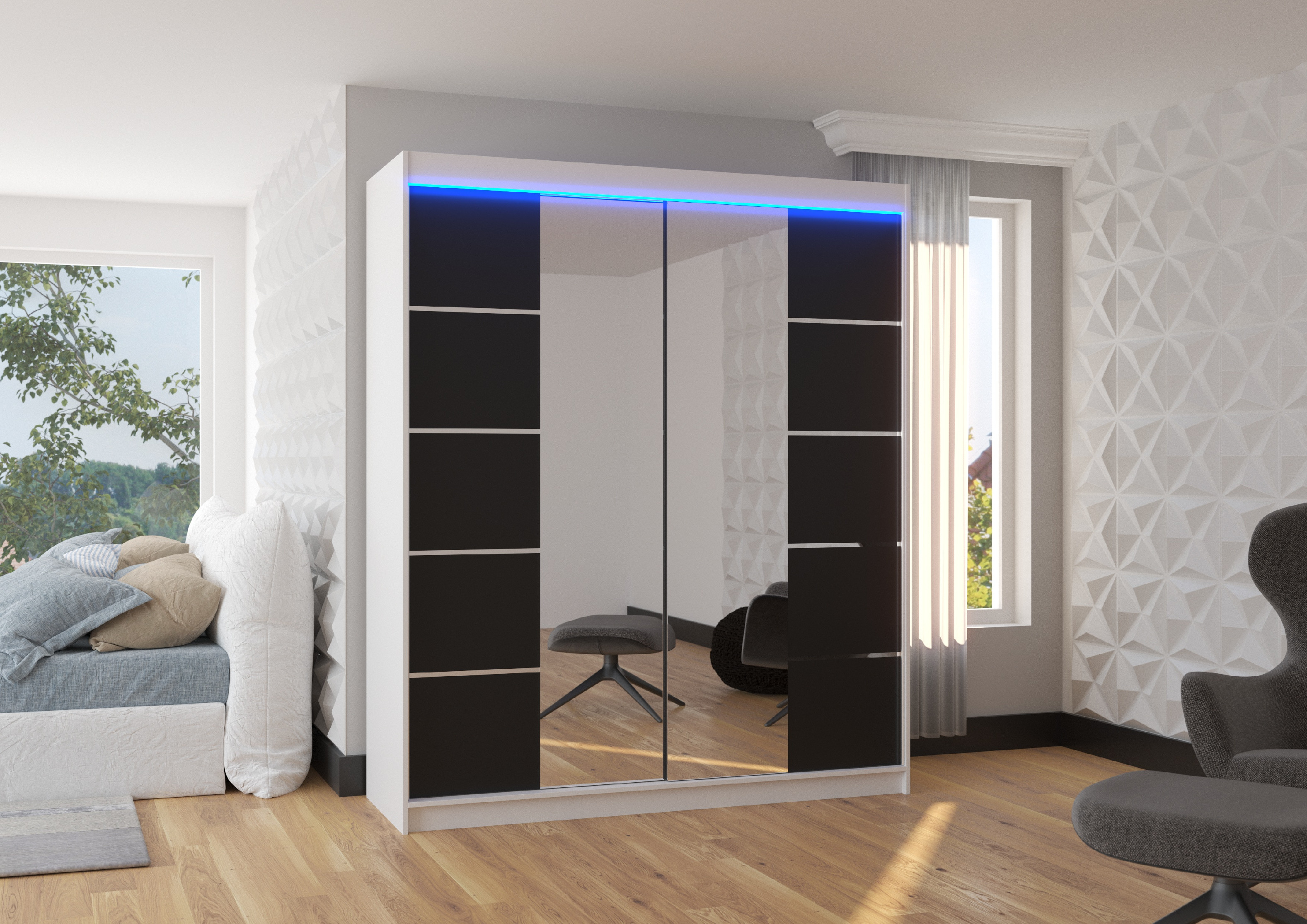 ADRK Šatní zrcadlová skříň posuvná s LED osvětlením TRAVES W-B 180 L