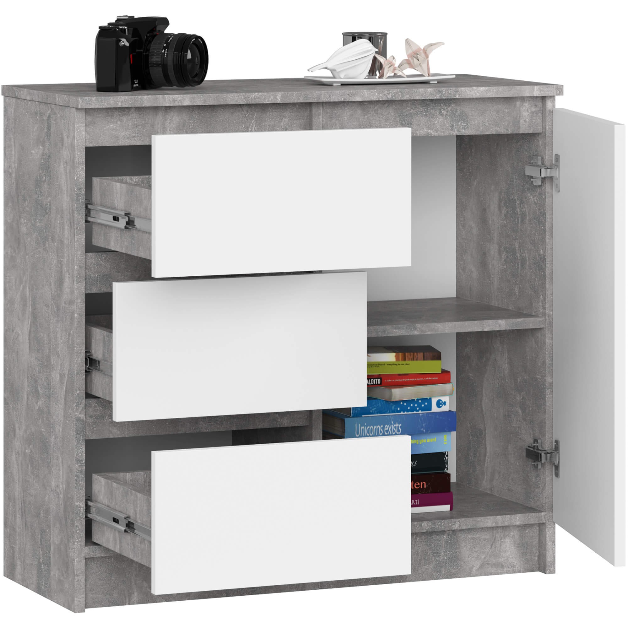 Ak furniture Komoda JERRY K 80 cm 1 dveře 3 zásuvky beton/bílá - Obrázek 2