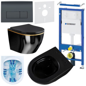 BPS-koupelny Podomítkový modul Geberit DuoFix s WC mísou MU-BL-GL-RIM-03 + ovládací tlačítko Delta 50 černá lesk