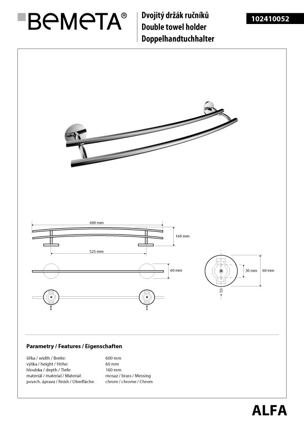 Bemeta Design ALFA: Držák ručníků dvojitý 525 mm - 102410052 - Obrázek 2