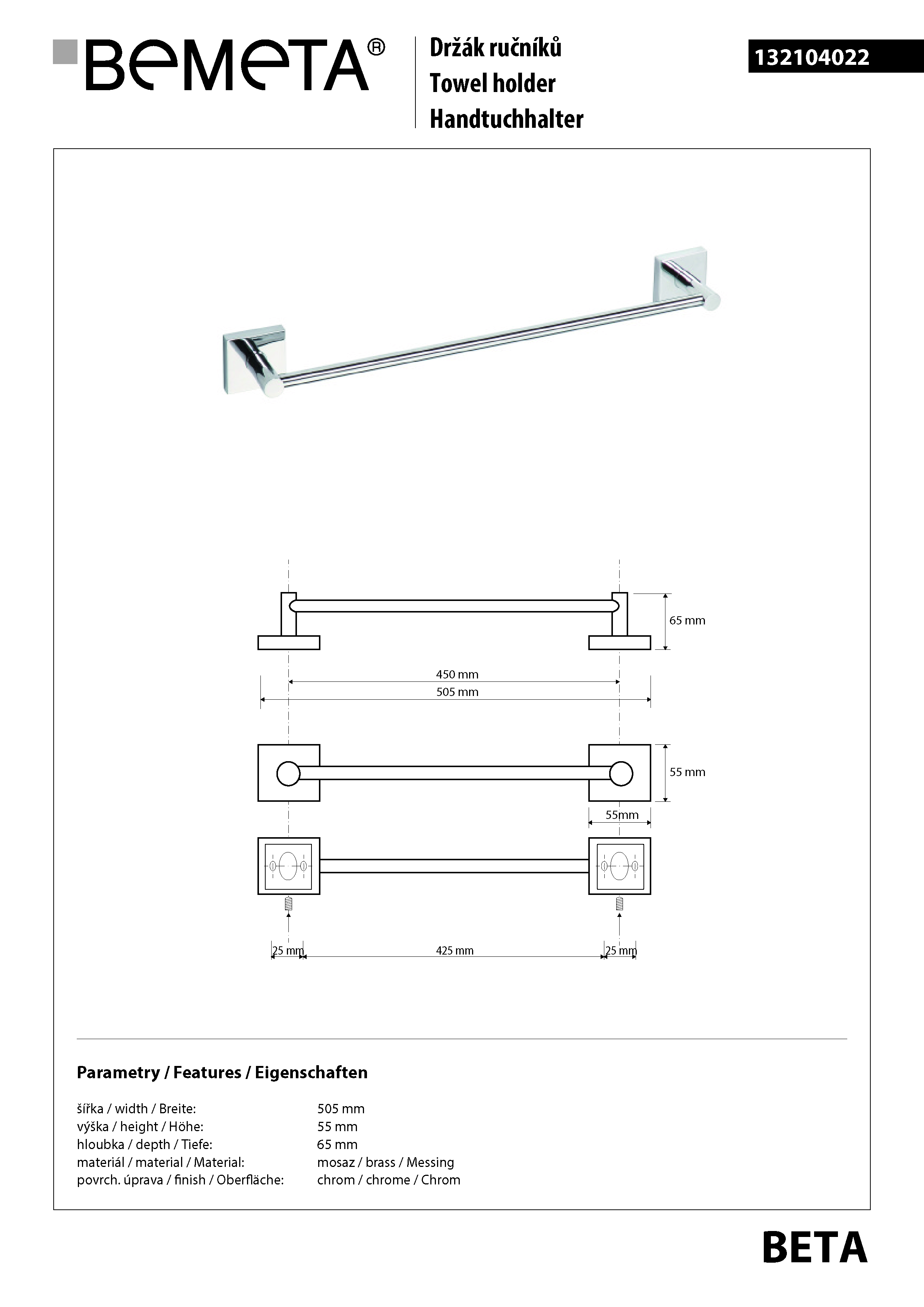 Bemeta Design BETA: Držák ručníků 450 mm - 132104022 - Obrázek 2