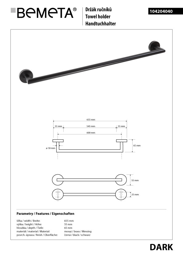 Bemeta Design DARK: Držák ručníků 600 mm - 104204040 - Obrázek 2