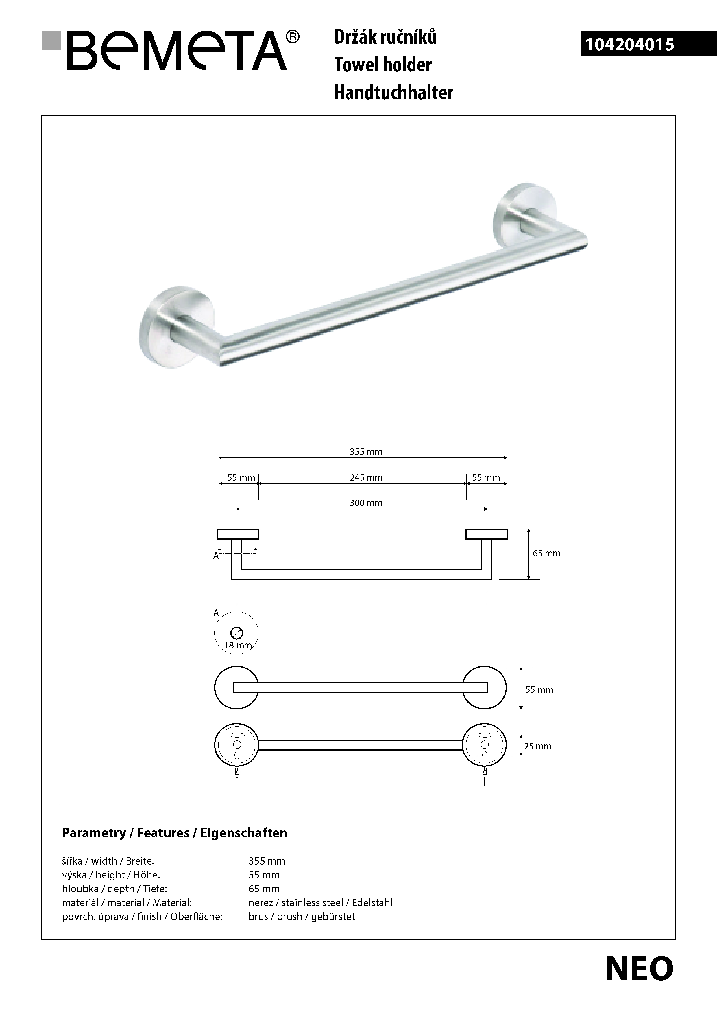 Bemeta Design NEO: Držák ručníků 300 mm - 104204015 - Obrázek 2
